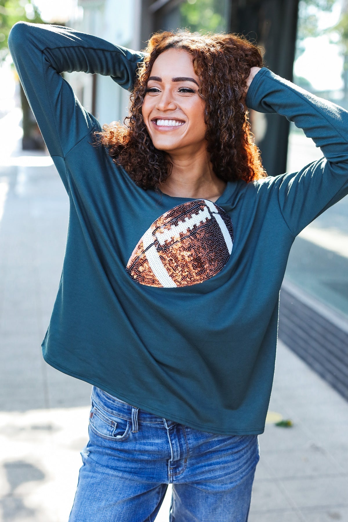 Tereza | Game Day Forest Green Sequin Terry Top with Football Patch