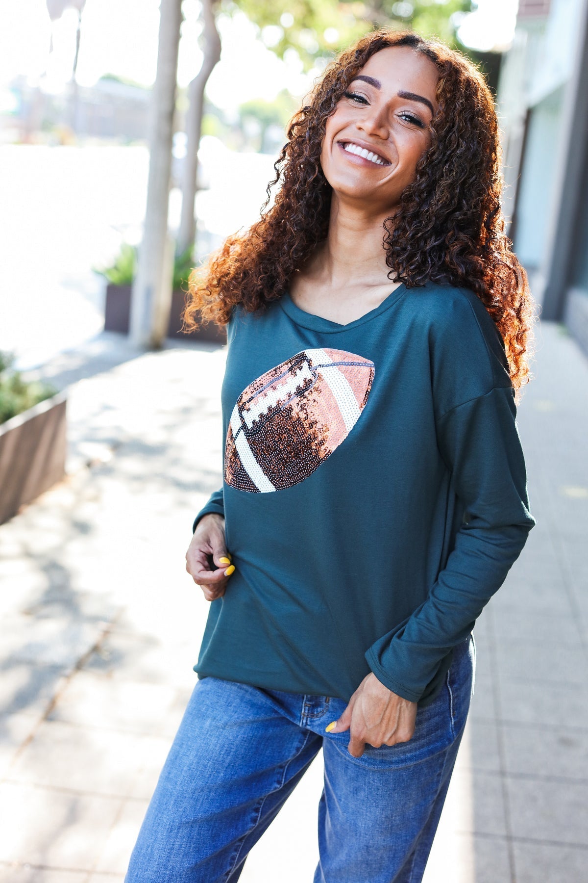 Tereza | Game Day Forest Green Sequin Terry Top with Football Patch