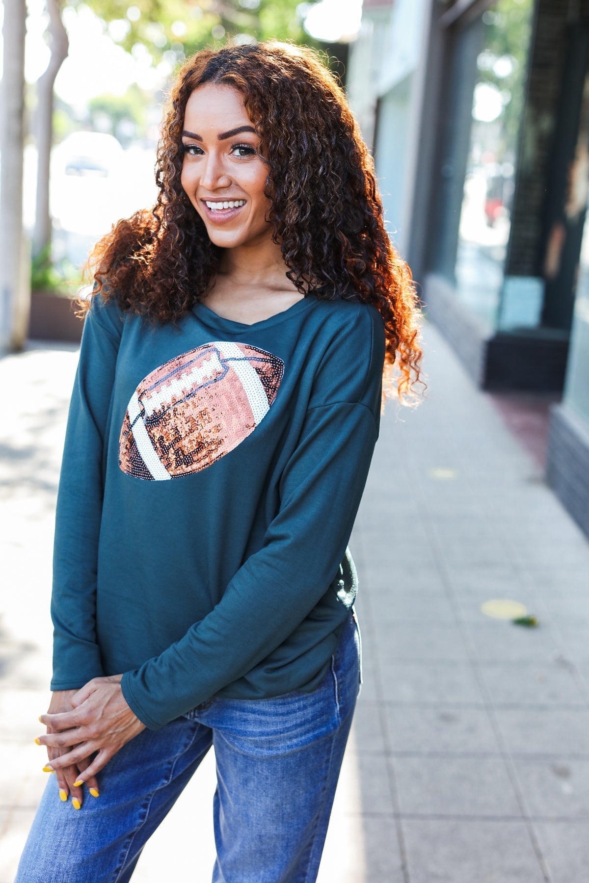 Tereza | Game Day Forest Green Sequin Terry Top with Football Patch