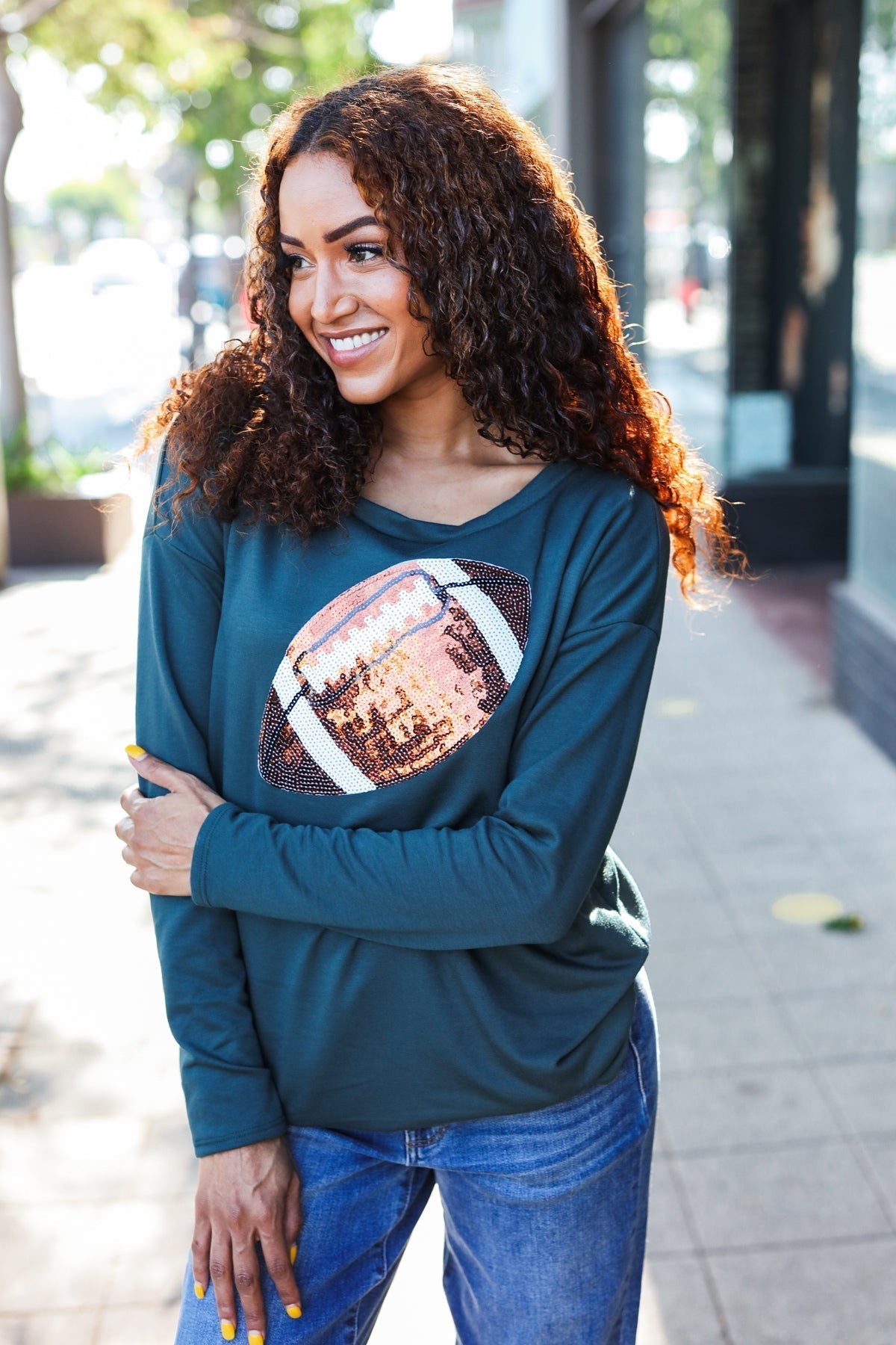 Tereza | Game Day Forest Green Sequin Terry Top with Football Patch
