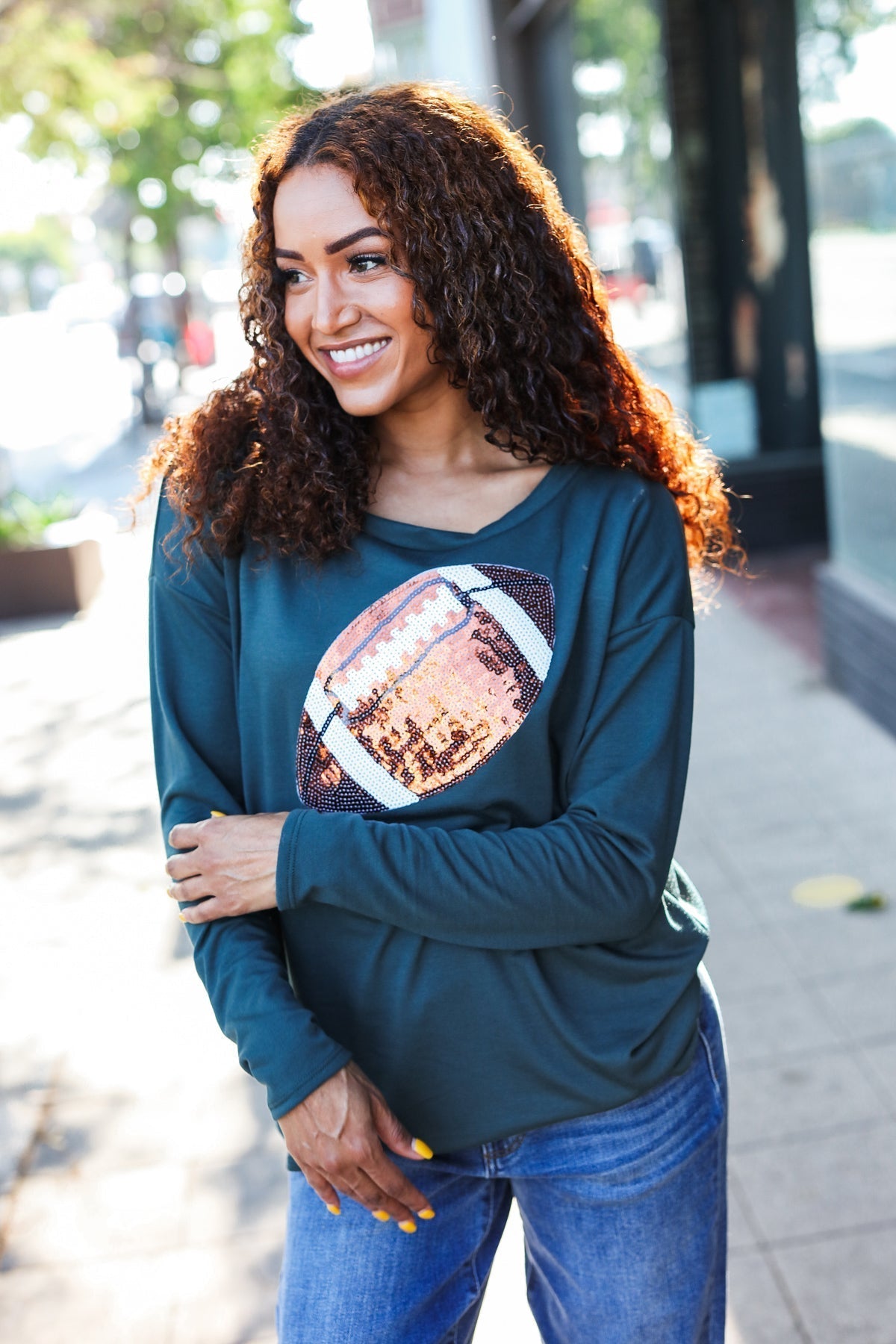 Tereza | Game Day Forest Green Sequin Terry Top with Football Patch