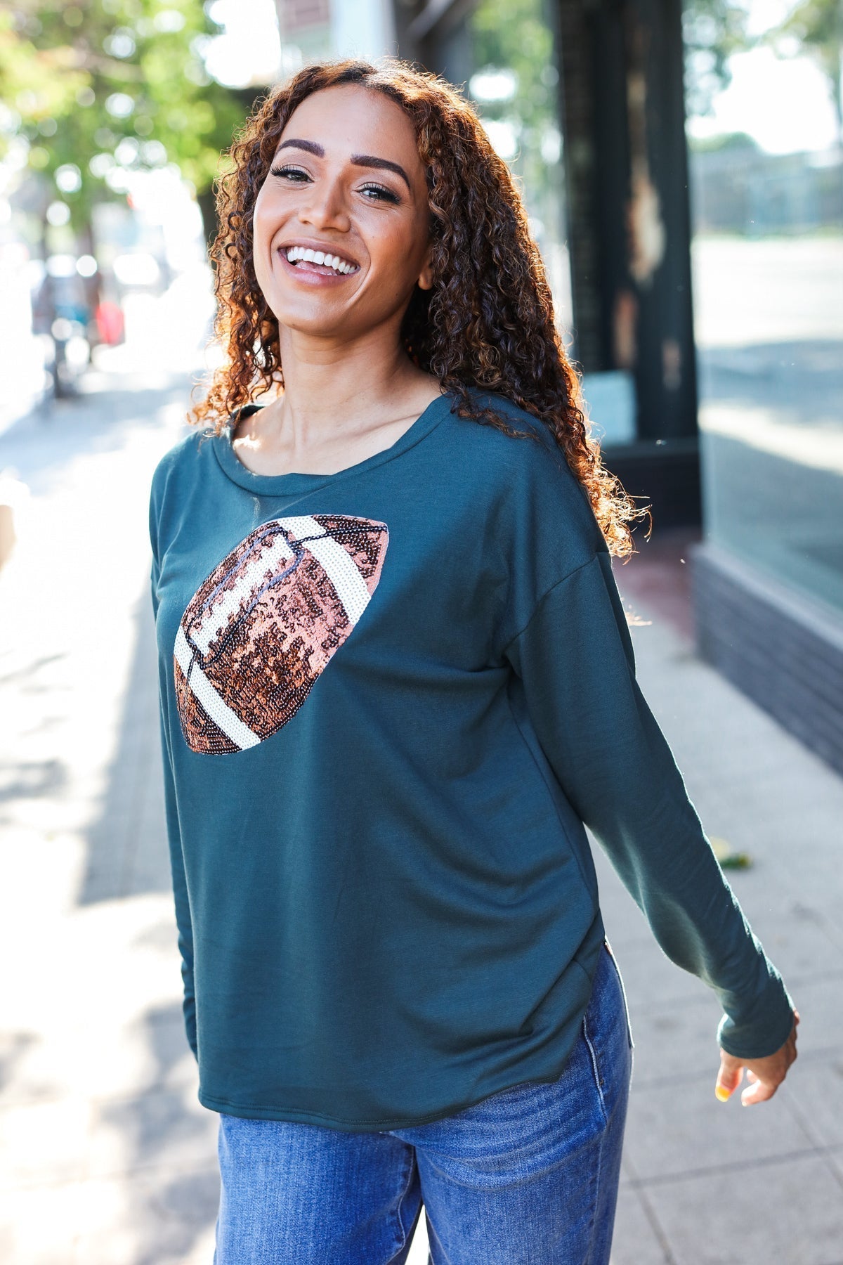 Tereza | Game Day Forest Green Sequin Terry Top with Football Patch