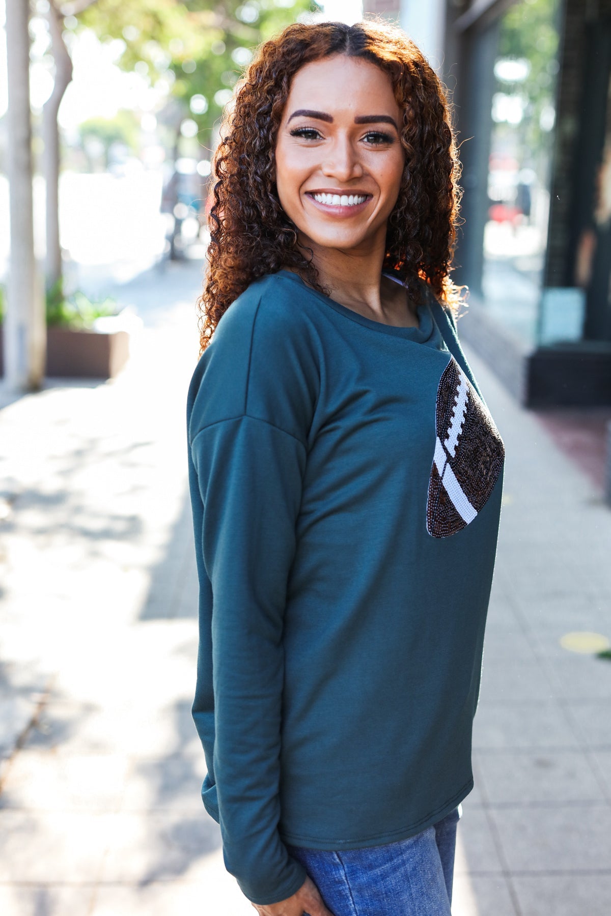 Tereza | Game Day Forest Green Sequin Terry Top with Football Patch