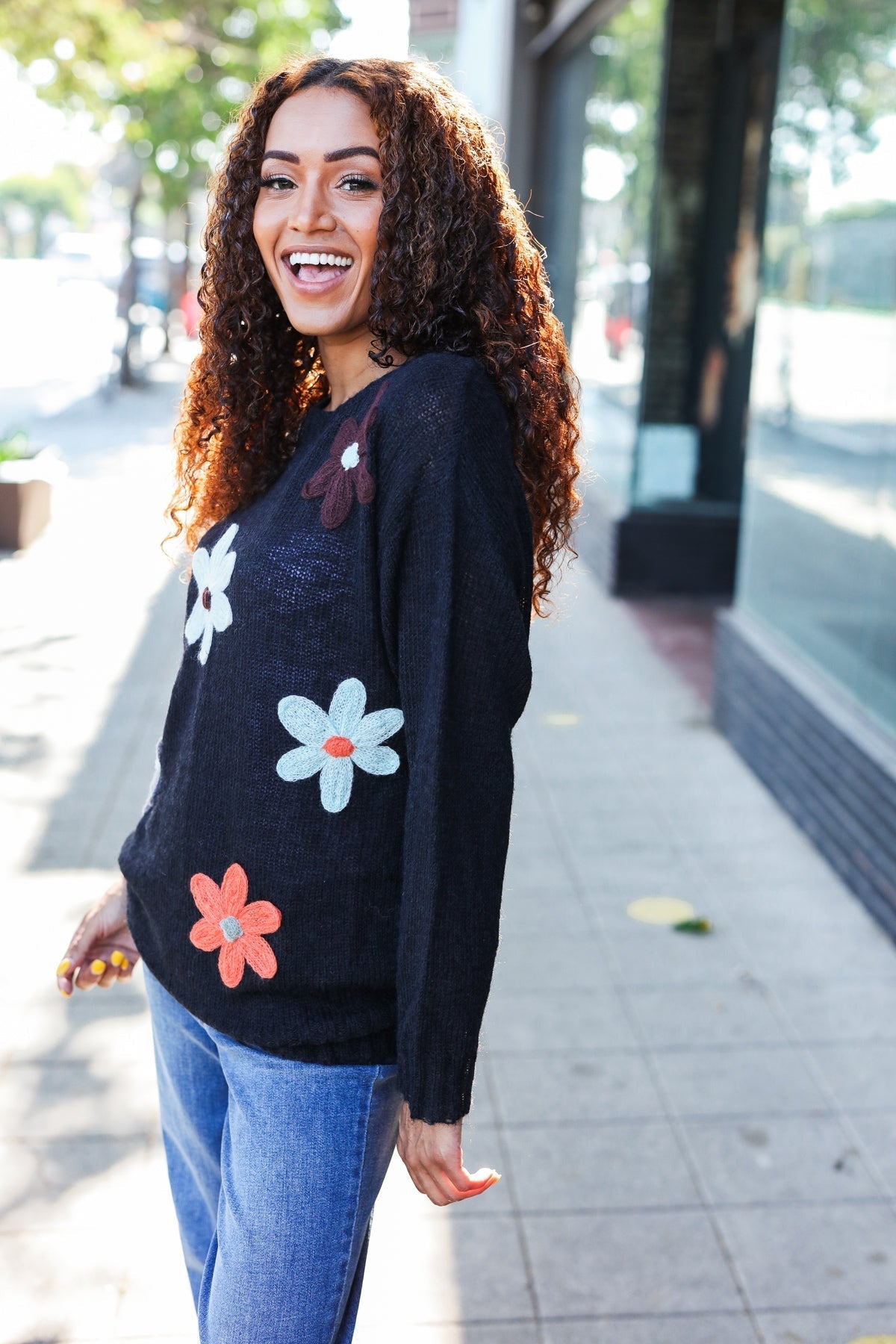Luisa | Eyes On You oversized knit sweater with floral patch in black