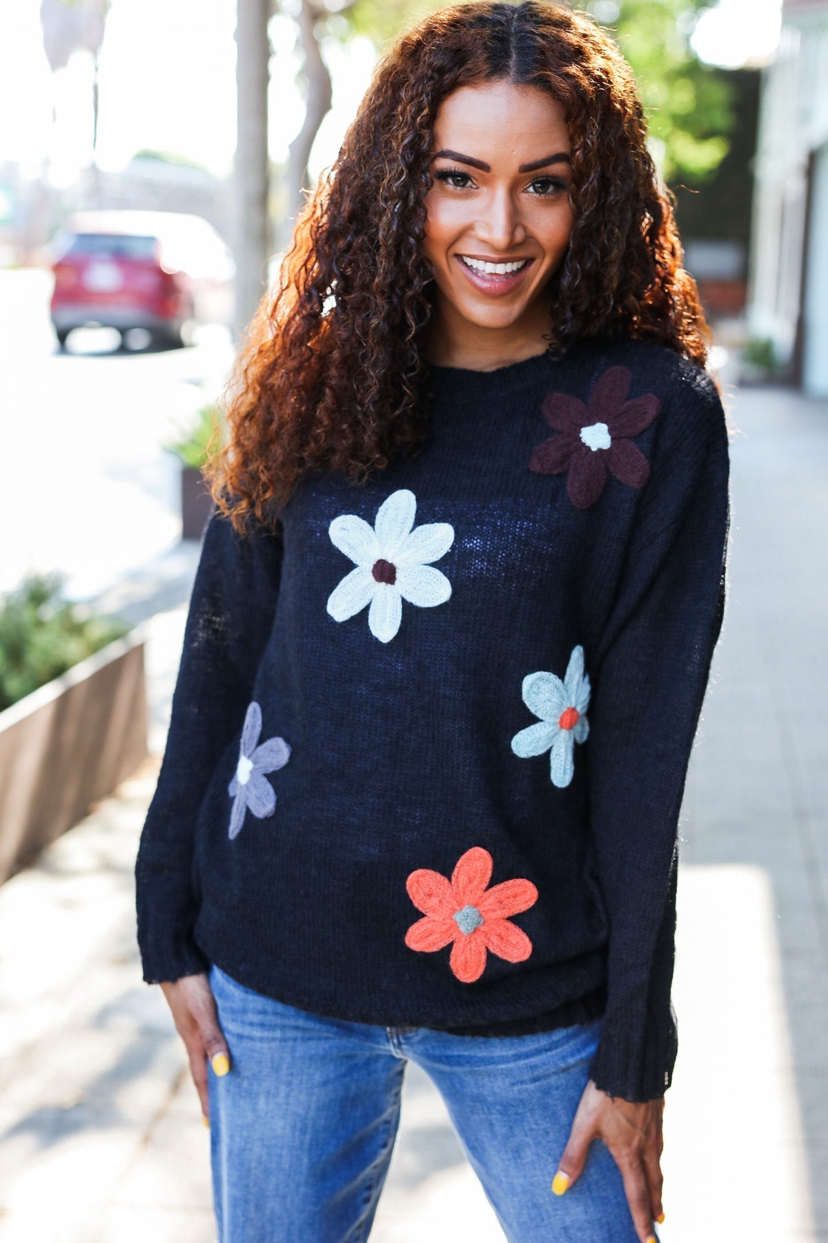 Luisa | Eyes On You oversized knit sweater with floral patch in black