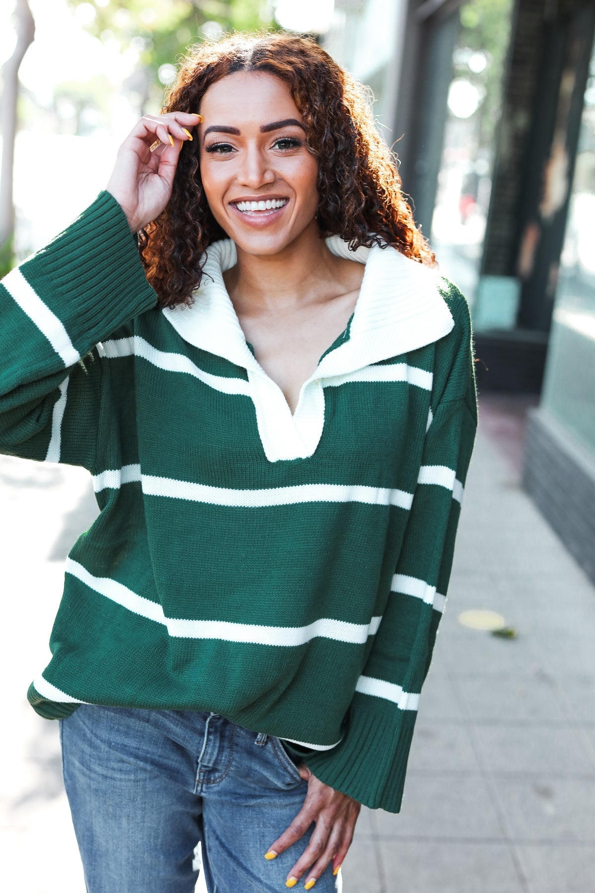 Anita | Fall For You hunter green striped oversized sweater with notched collar