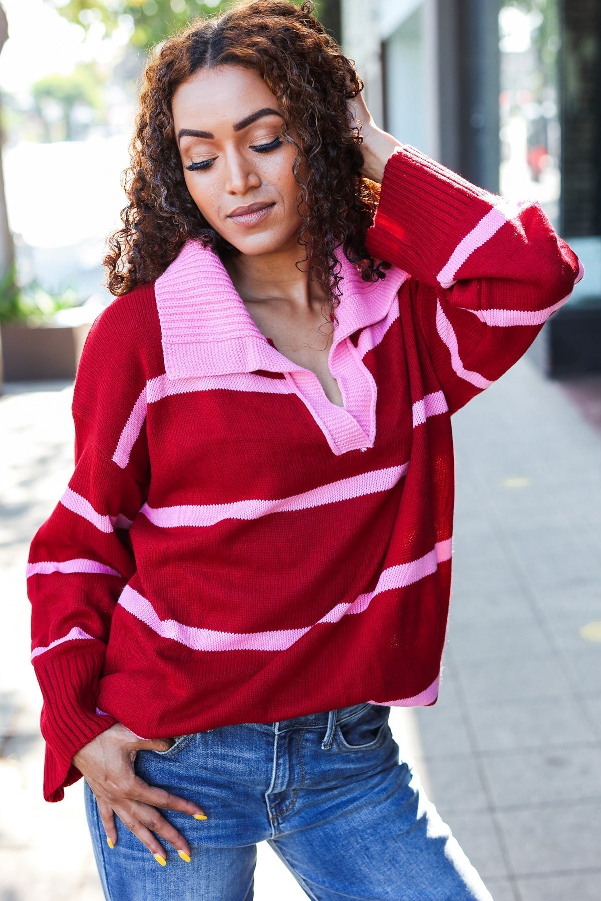 Frieda | Fall For You oversized sweater with notched collar and crimson stripes