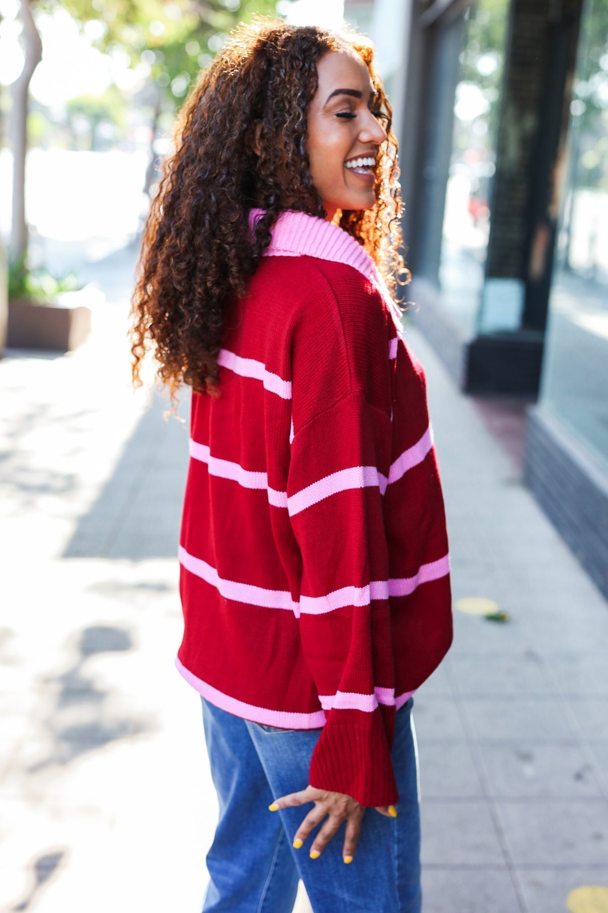 Frieda | Fall For You oversized sweater with notched collar and crimson stripes