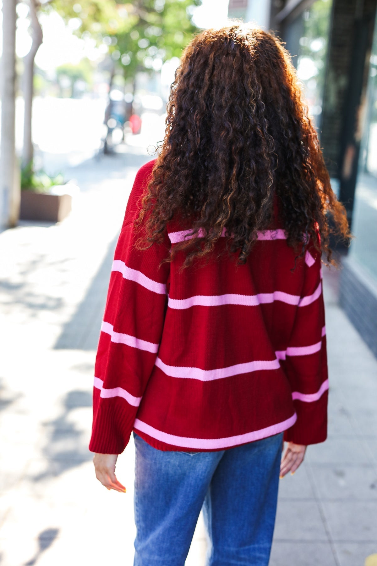 Frieda | Fall For You oversized sweater with notched collar and crimson stripes