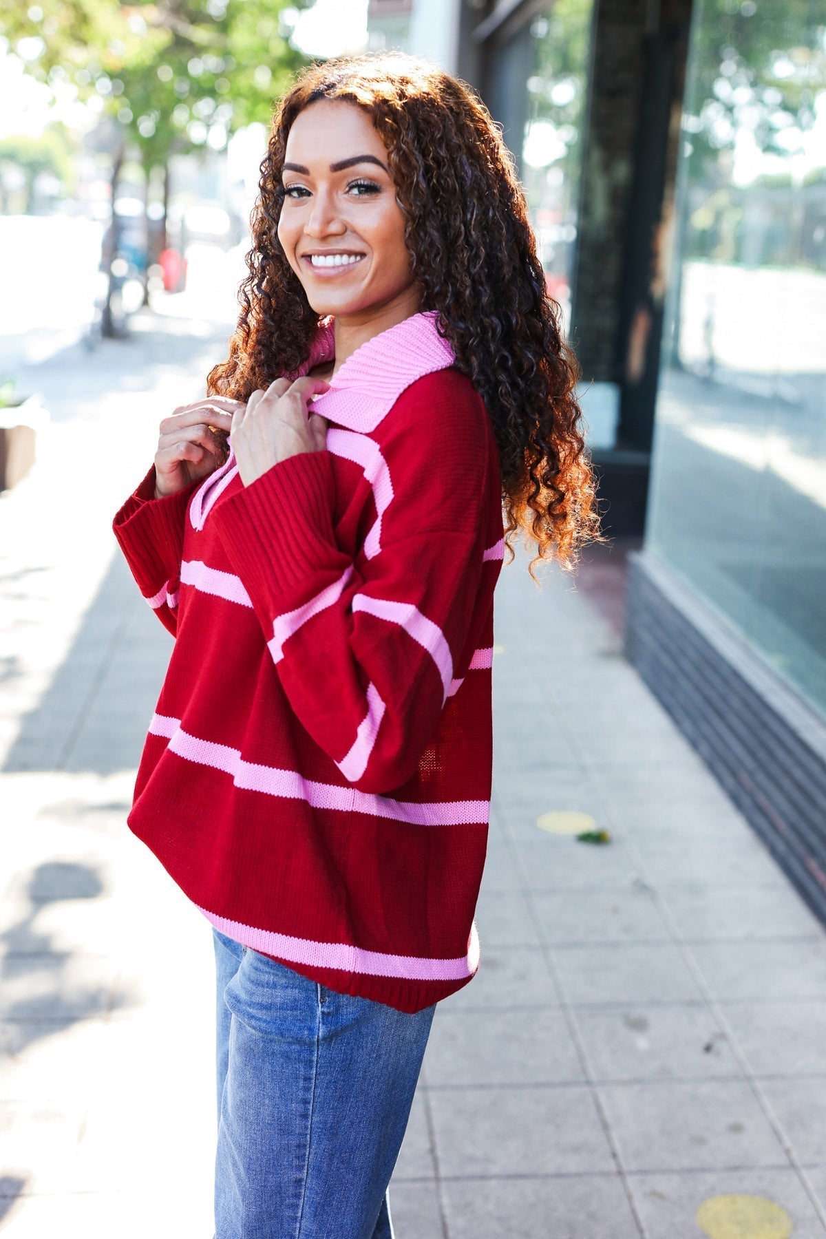 Frieda | Fall For You oversized sweater with notched collar and crimson stripes
