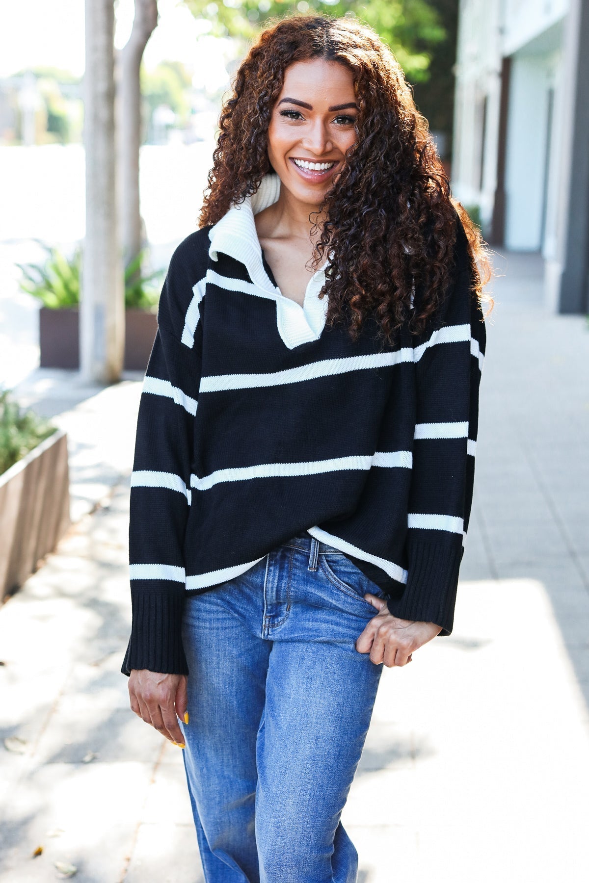 Katja | Fall For You black stripe oversized notched collar sweater