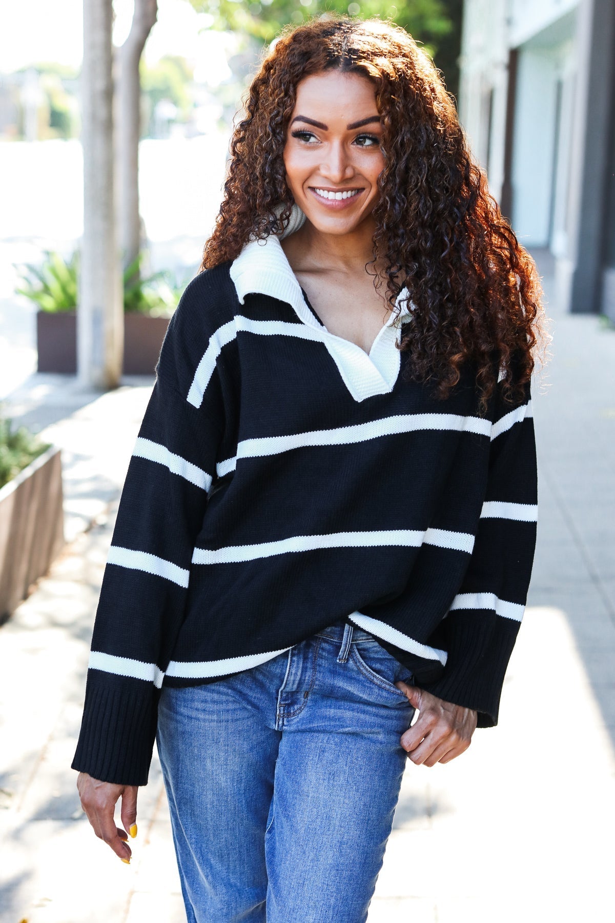 Katja | Fall For You black stripe oversized notched collar sweater