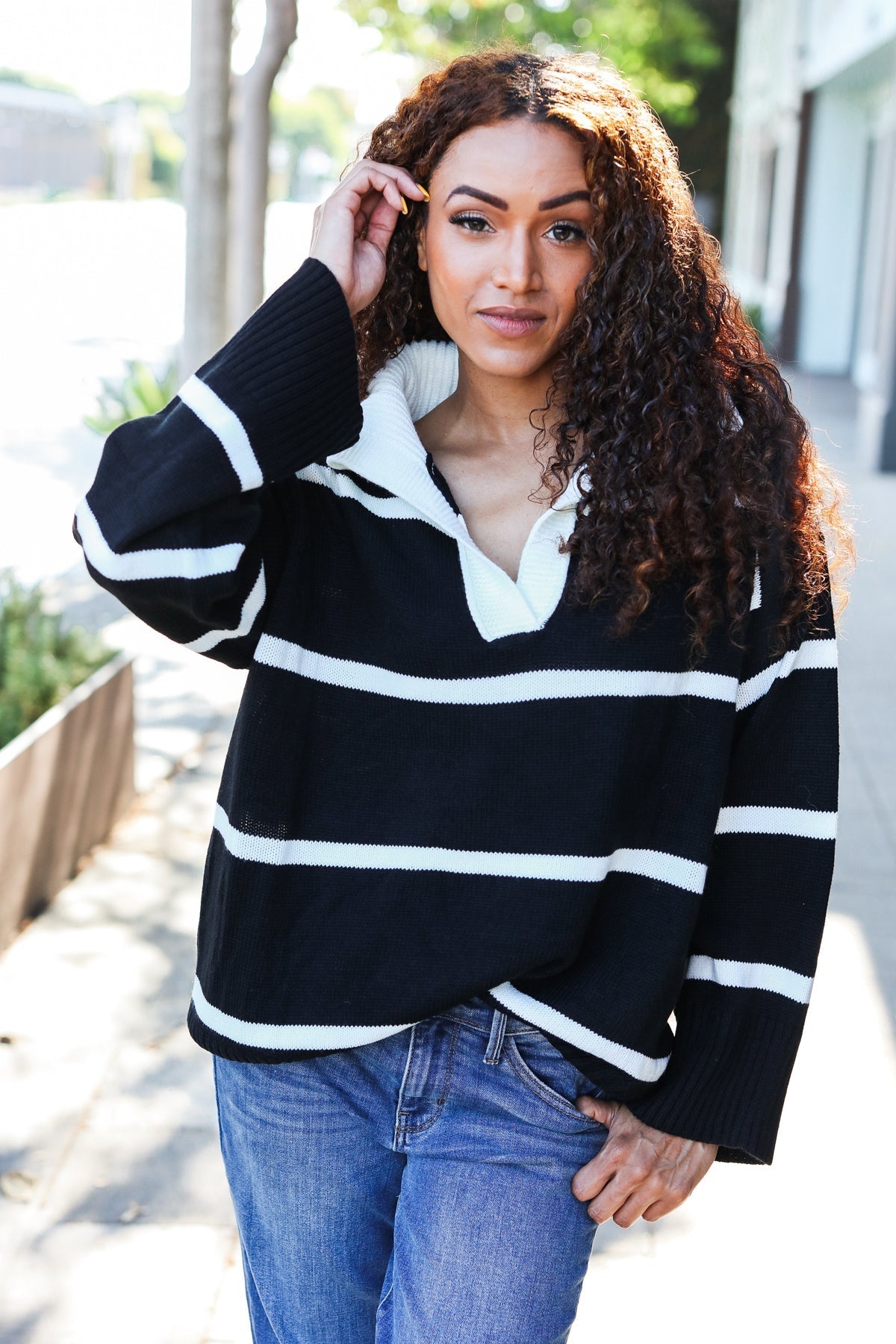 Katja | Fall For You black stripe oversized notched collar sweater
