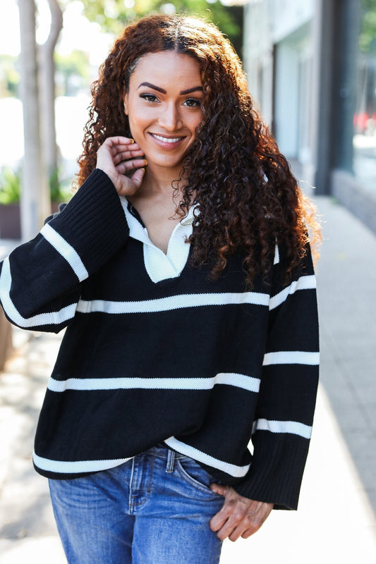 Katja | Fall For You black stripe oversized notched collar sweater