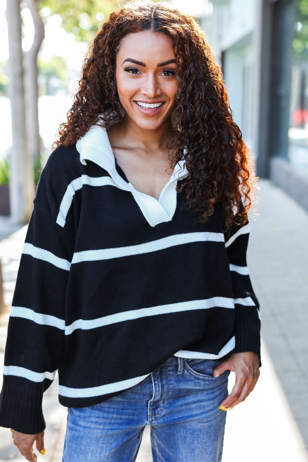 Katja | Fall For You black stripe oversized notched collar sweater