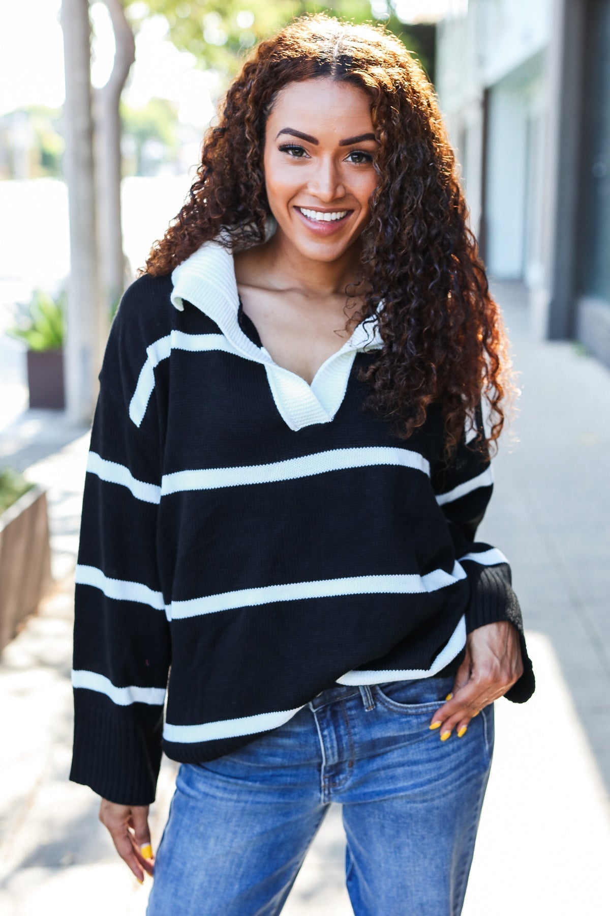 Katja | Fall For You black stripe oversized notched collar sweater