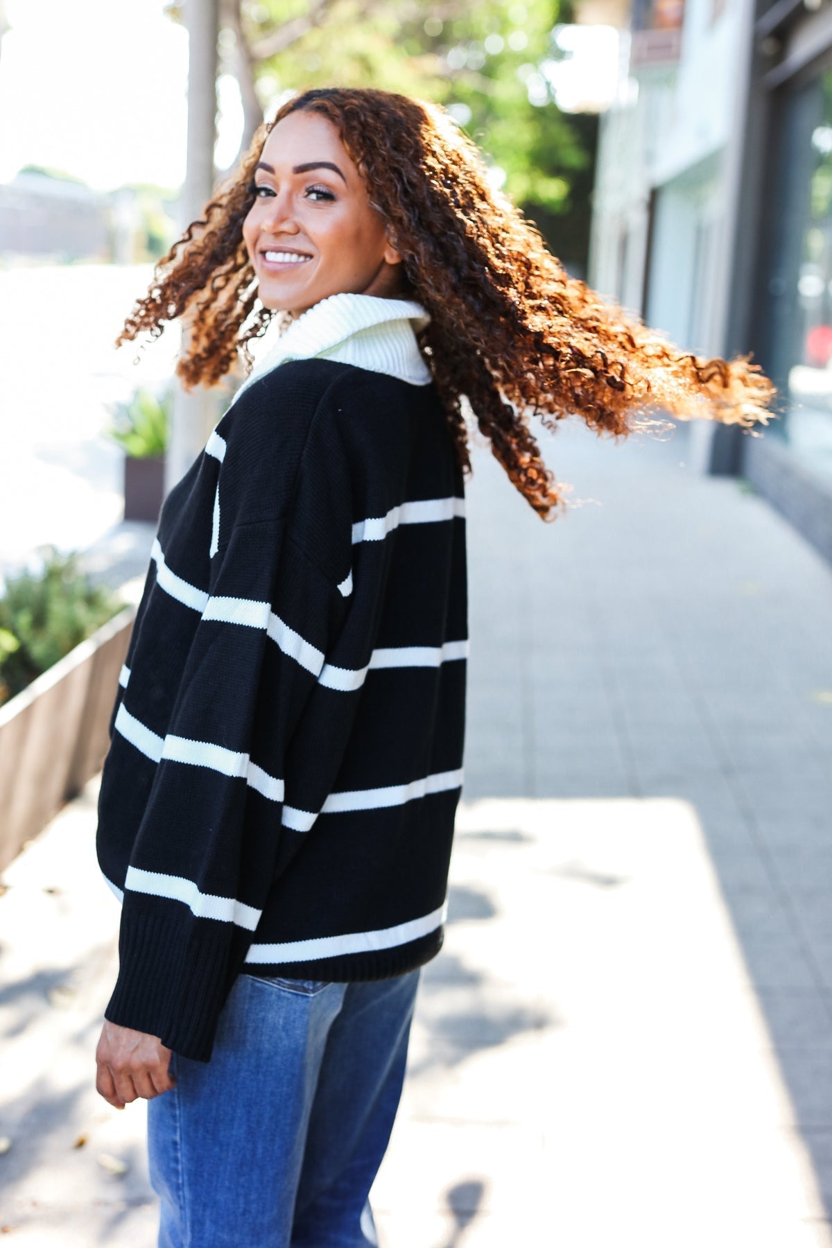 Katja | Fall For You black stripe oversized notched collar sweater