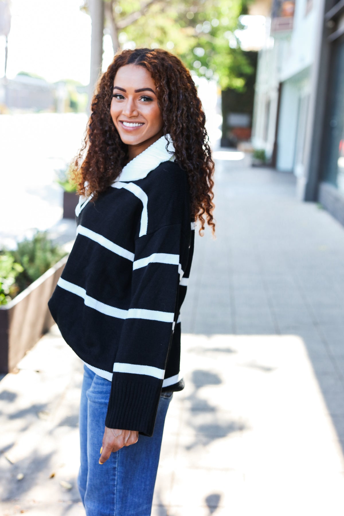 Katja | Fall For You black stripe oversized notched collar sweater