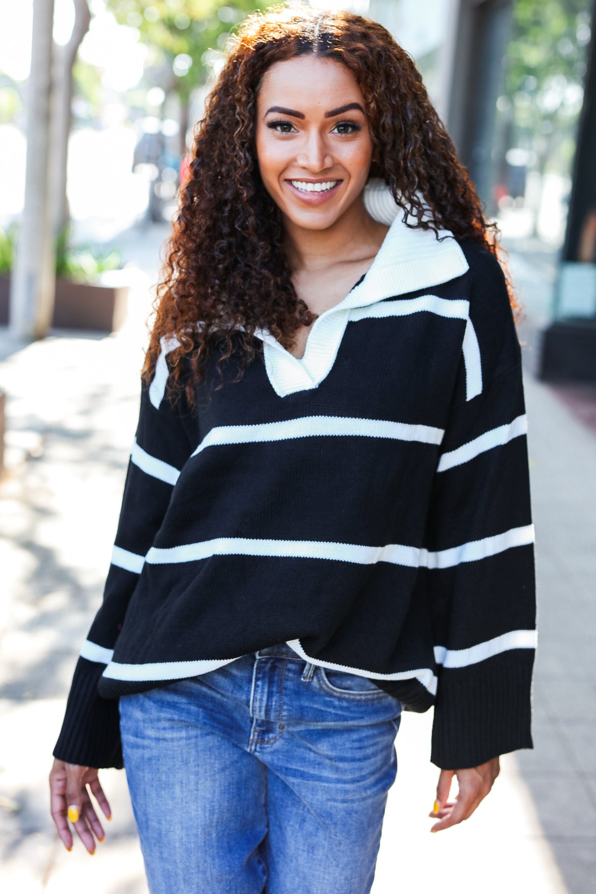 Katja | Fall For You black stripe oversized notched collar sweater