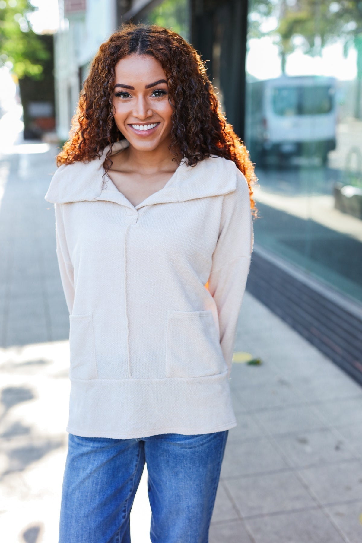 Anke | Easy Living oatmeal knit sweater with a notched neckline and oversized collar