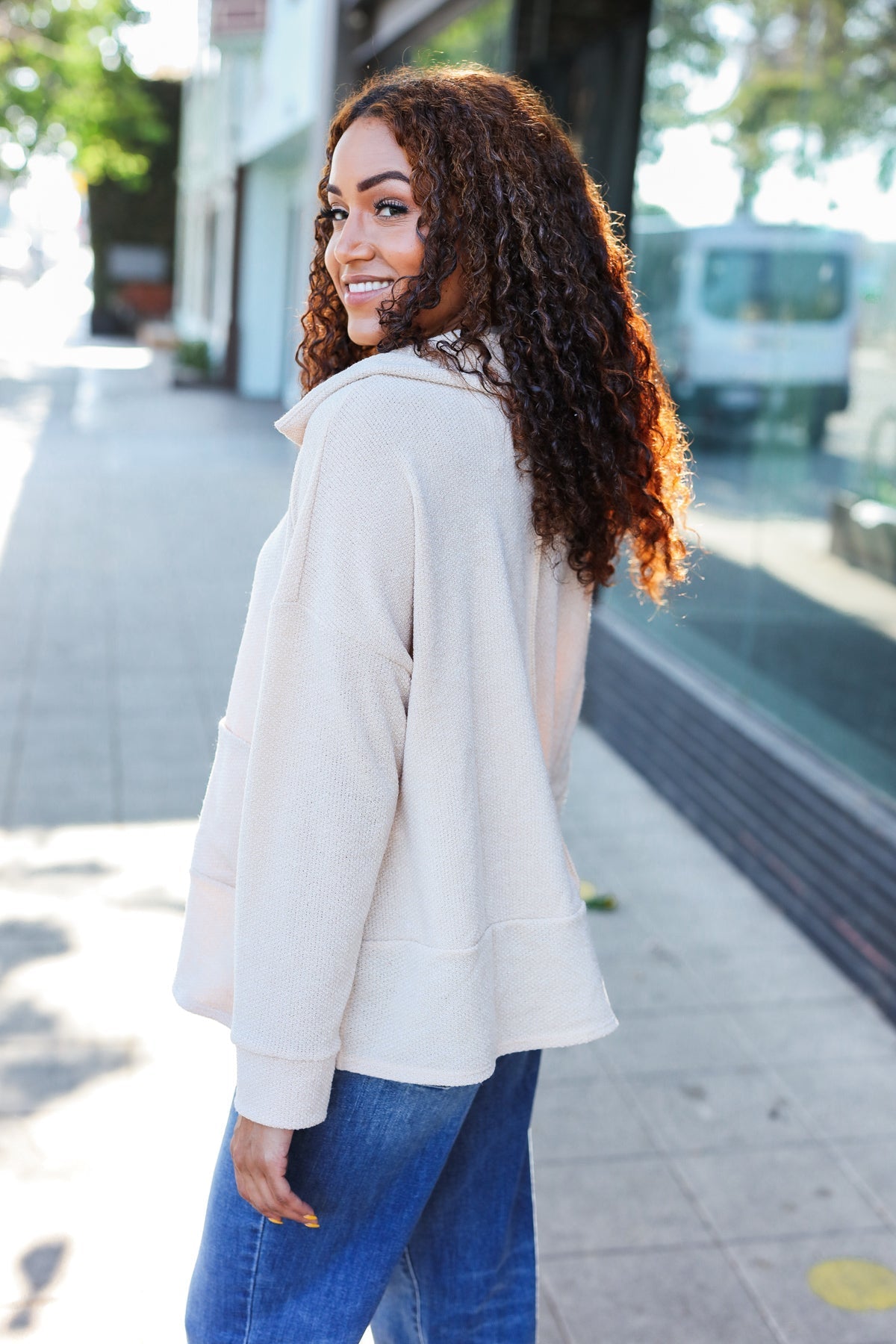 Anke | Easy Living oatmeal knit sweater with a notched neckline and oversized collar