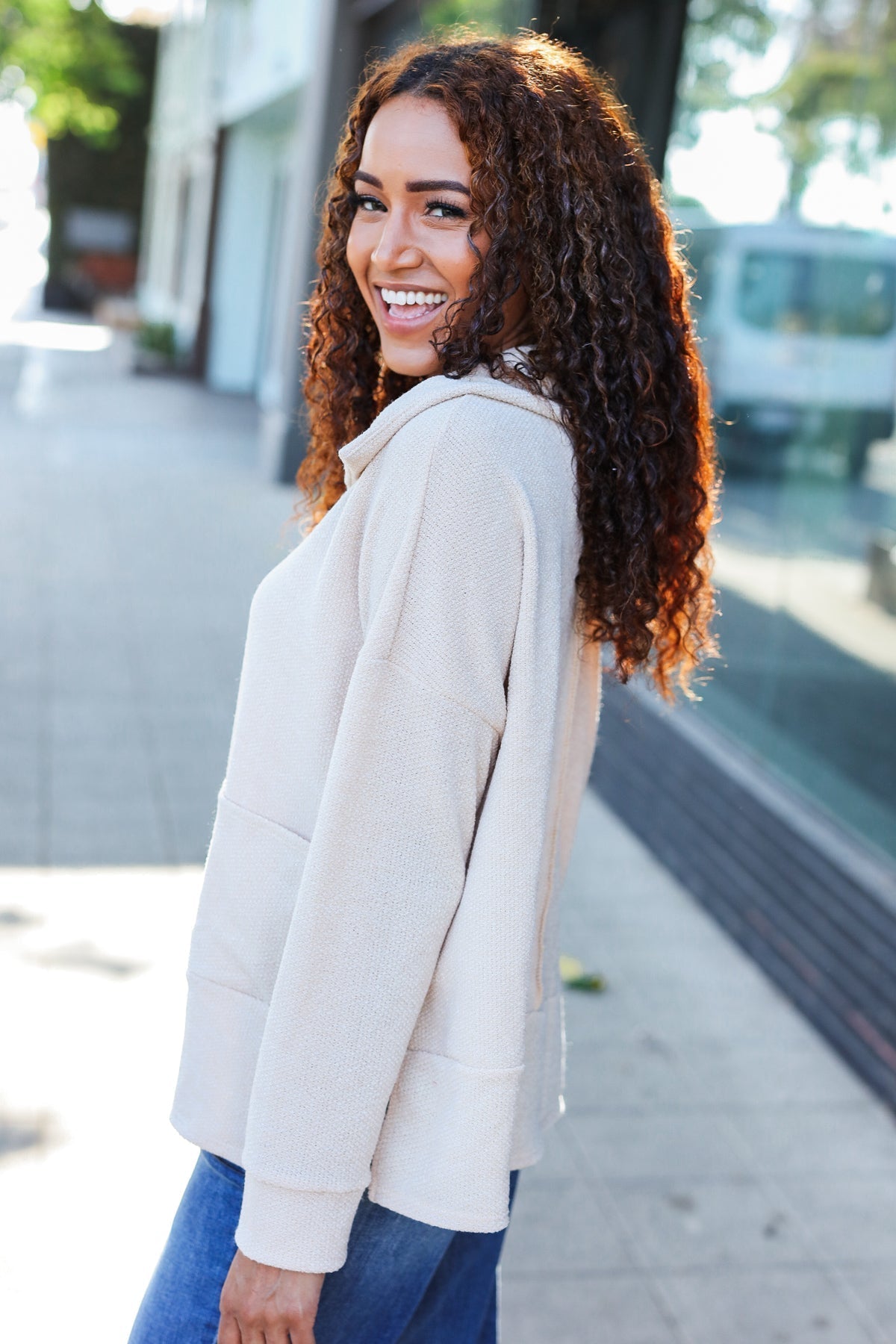 Anke | Easy Living oatmeal knit sweater with a notched neckline and oversized collar