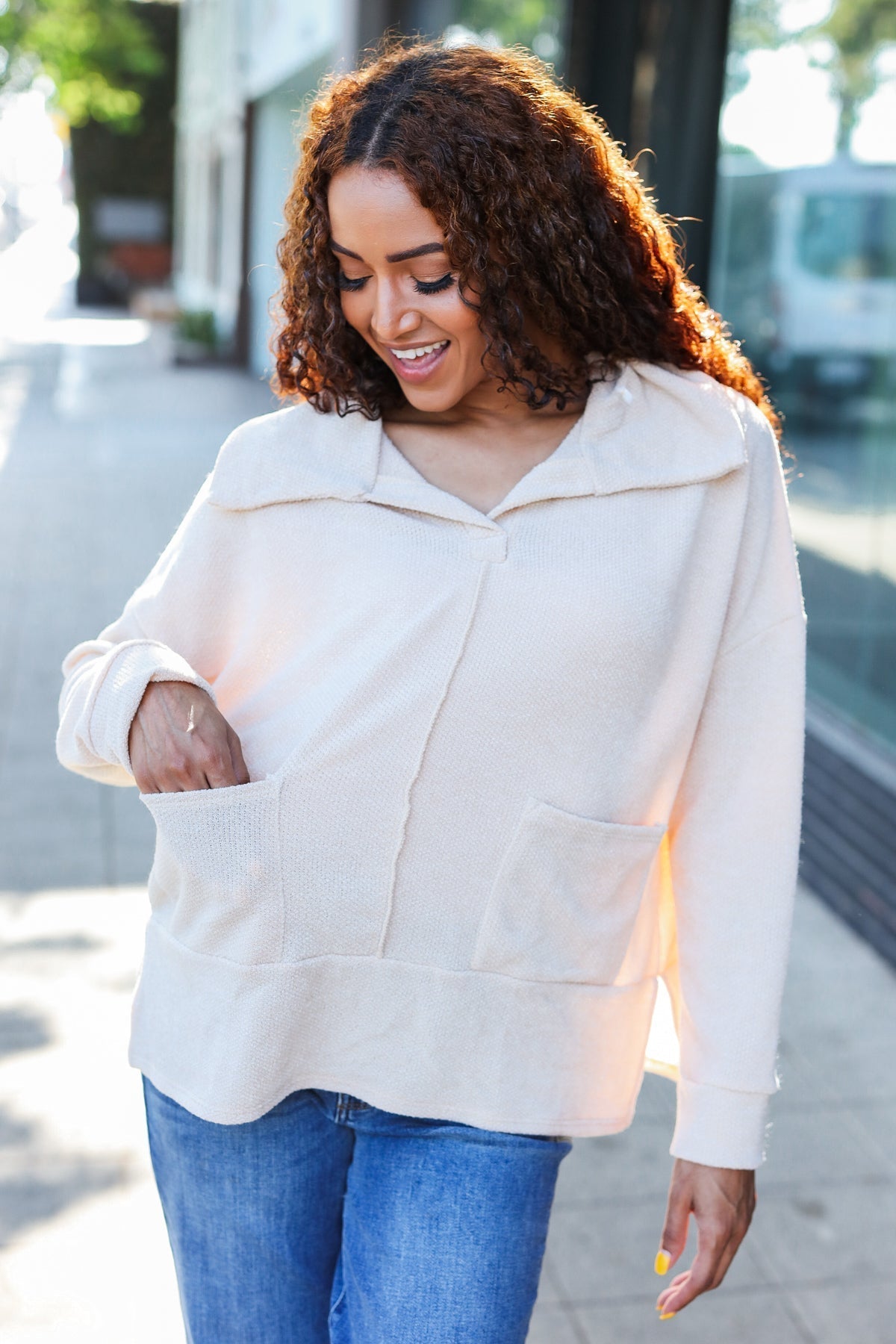 Anke | Easy Living oatmeal knit sweater with a notched neckline and oversized collar
