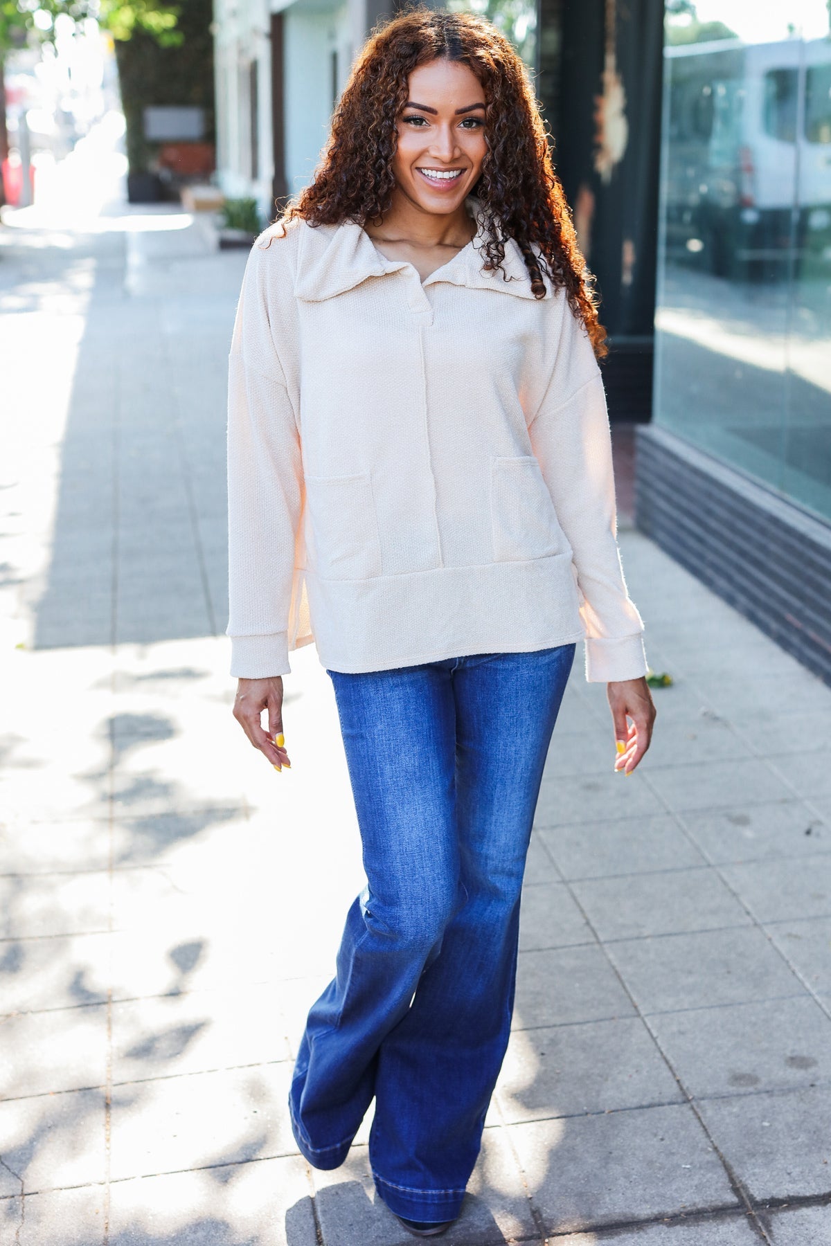 Anke | Easy Living oatmeal knit sweater with a notched neckline and oversized collar