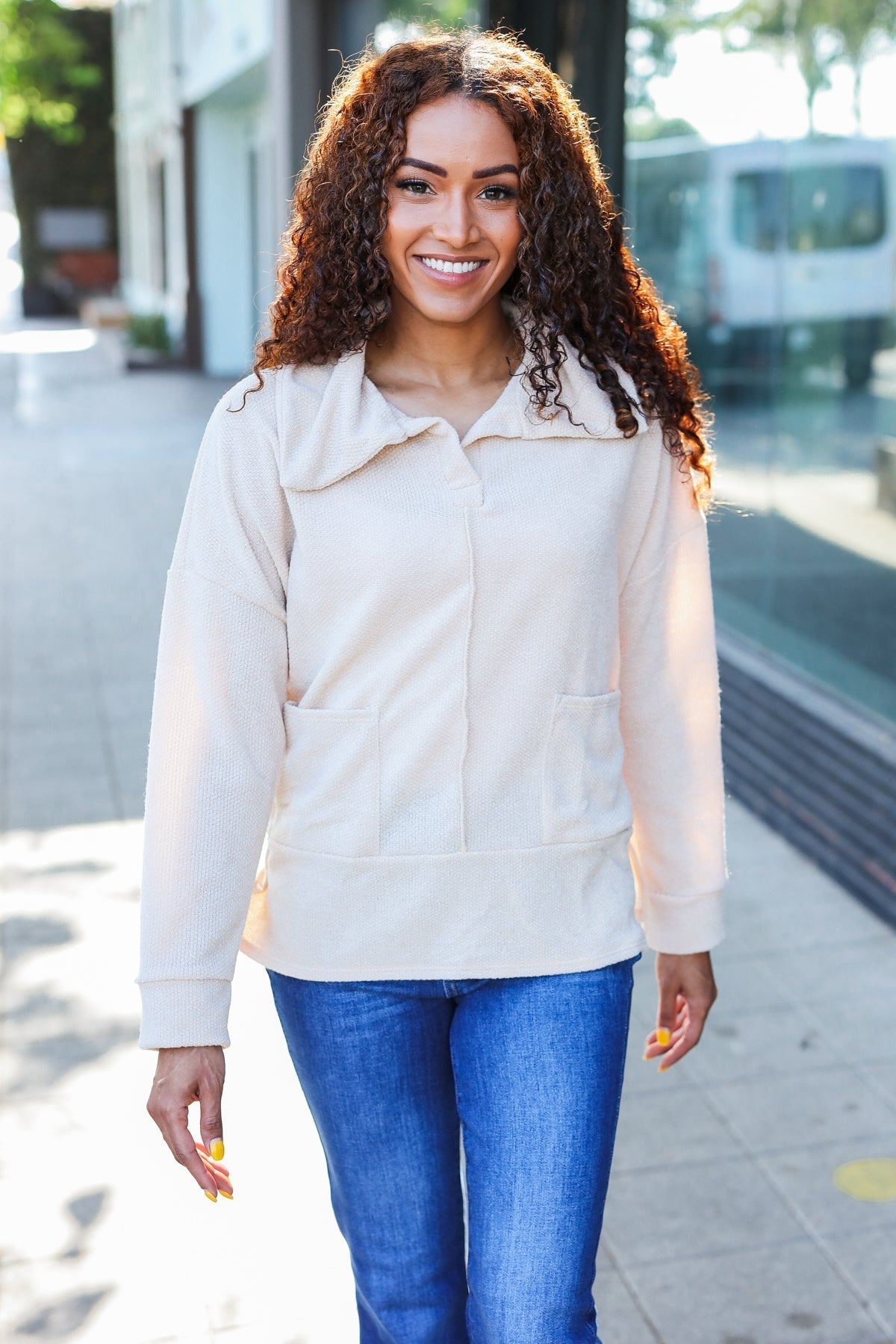 Anke | Easy Living oatmeal knit sweater with a notched neckline and oversized collar