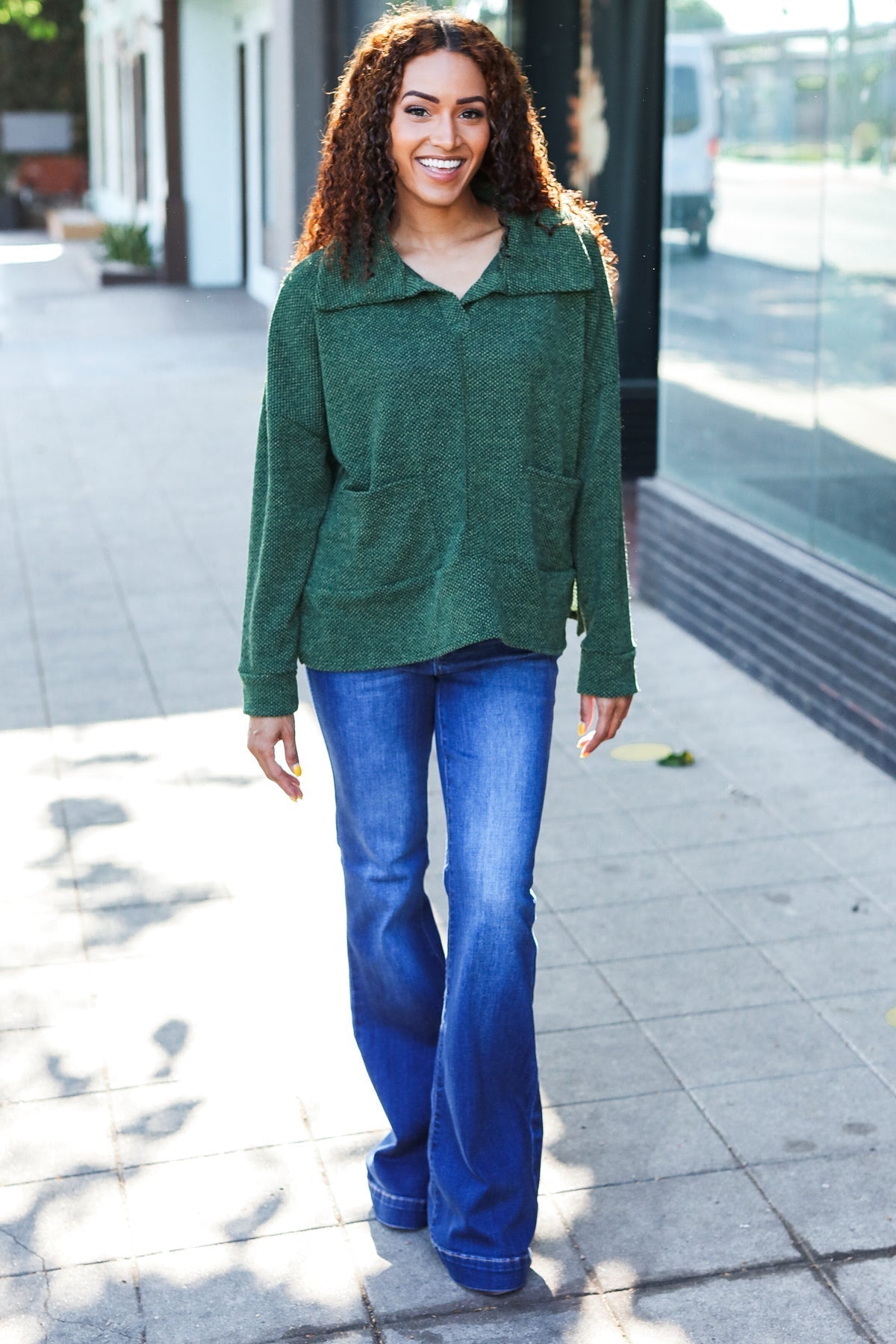 Kristina | Easy Living Olive green textured knit sweater with notched neckline and oversized collar