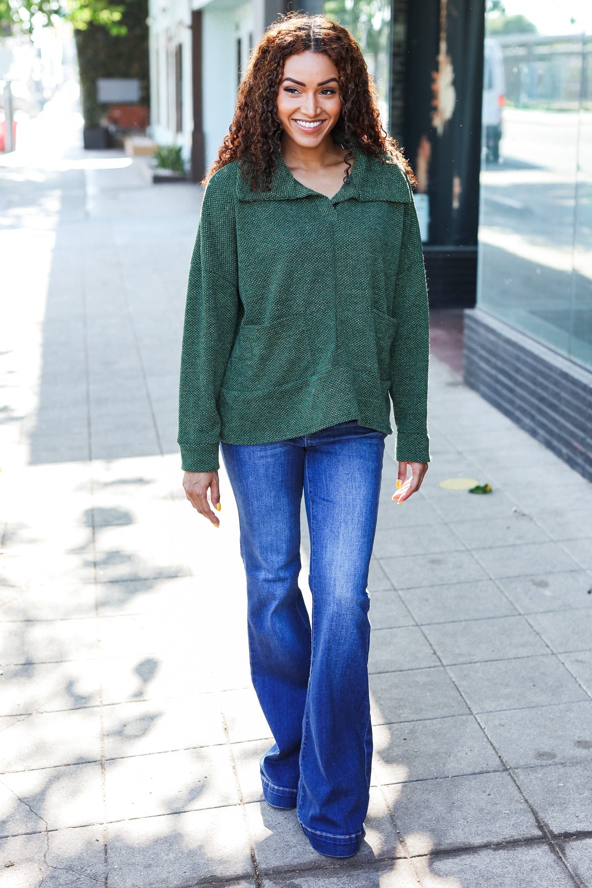 Kristina | Easy Living Olive green textured knit sweater with notched neckline and oversized collar