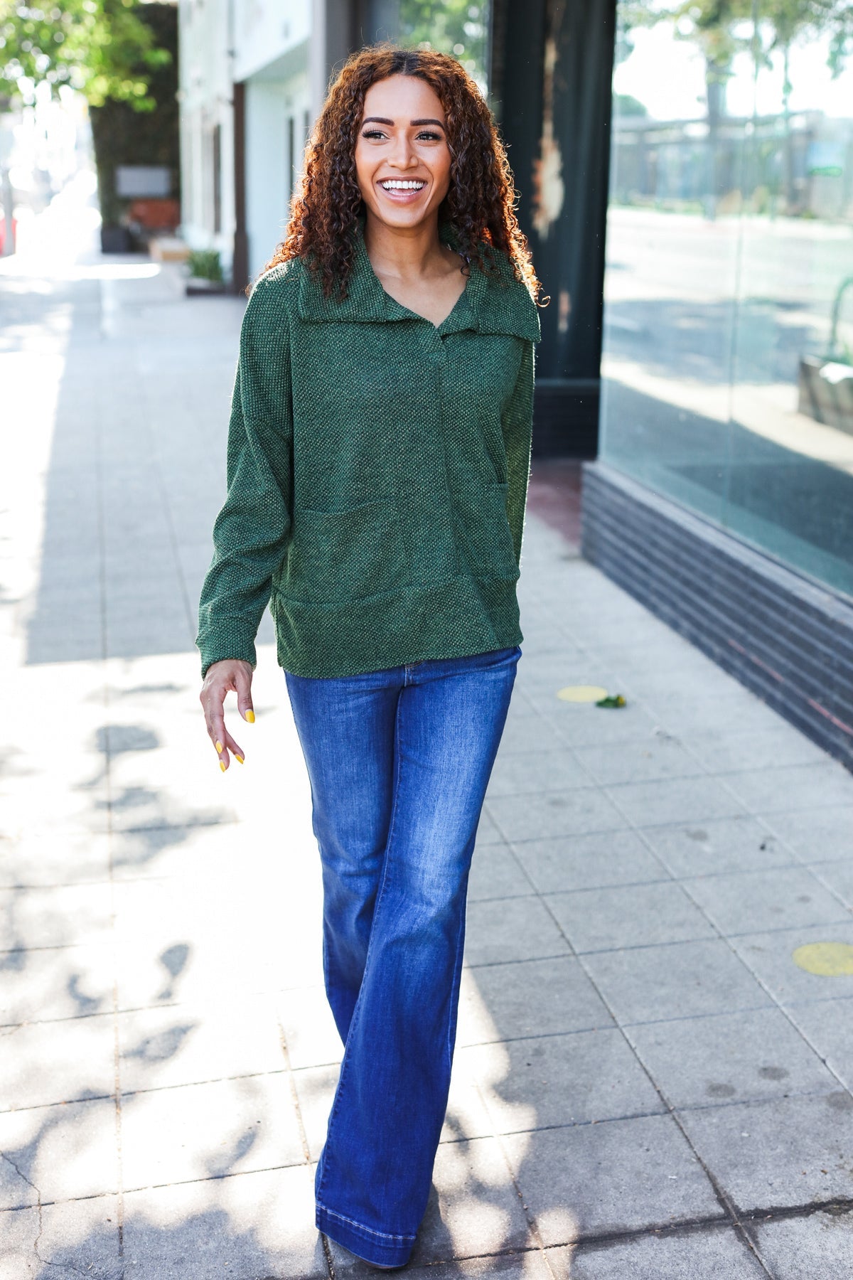 Kristina | Easy Living Olive green textured knit sweater with notched neckline and oversized collar