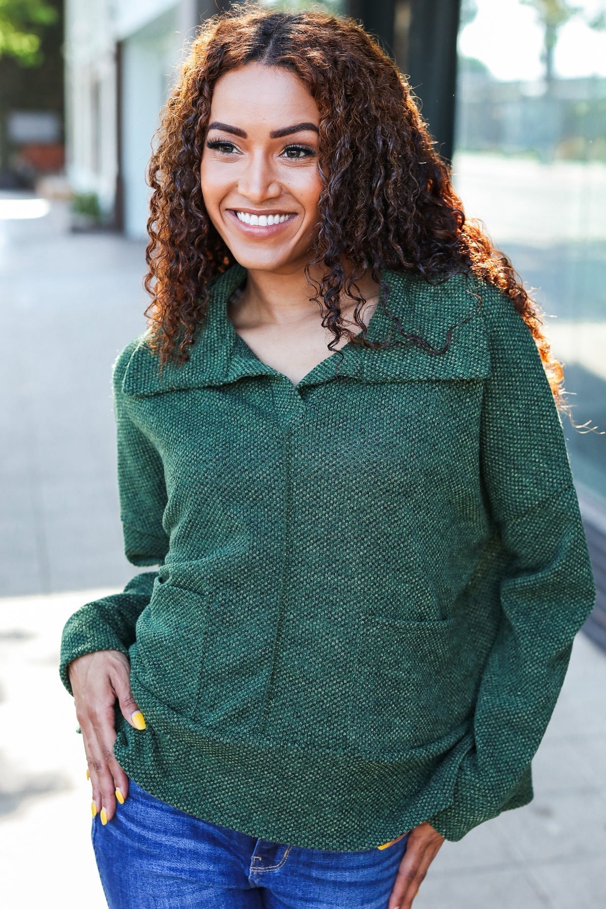 Kristina | Easy Living Olive green textured knit sweater with notched neckline and oversized collar