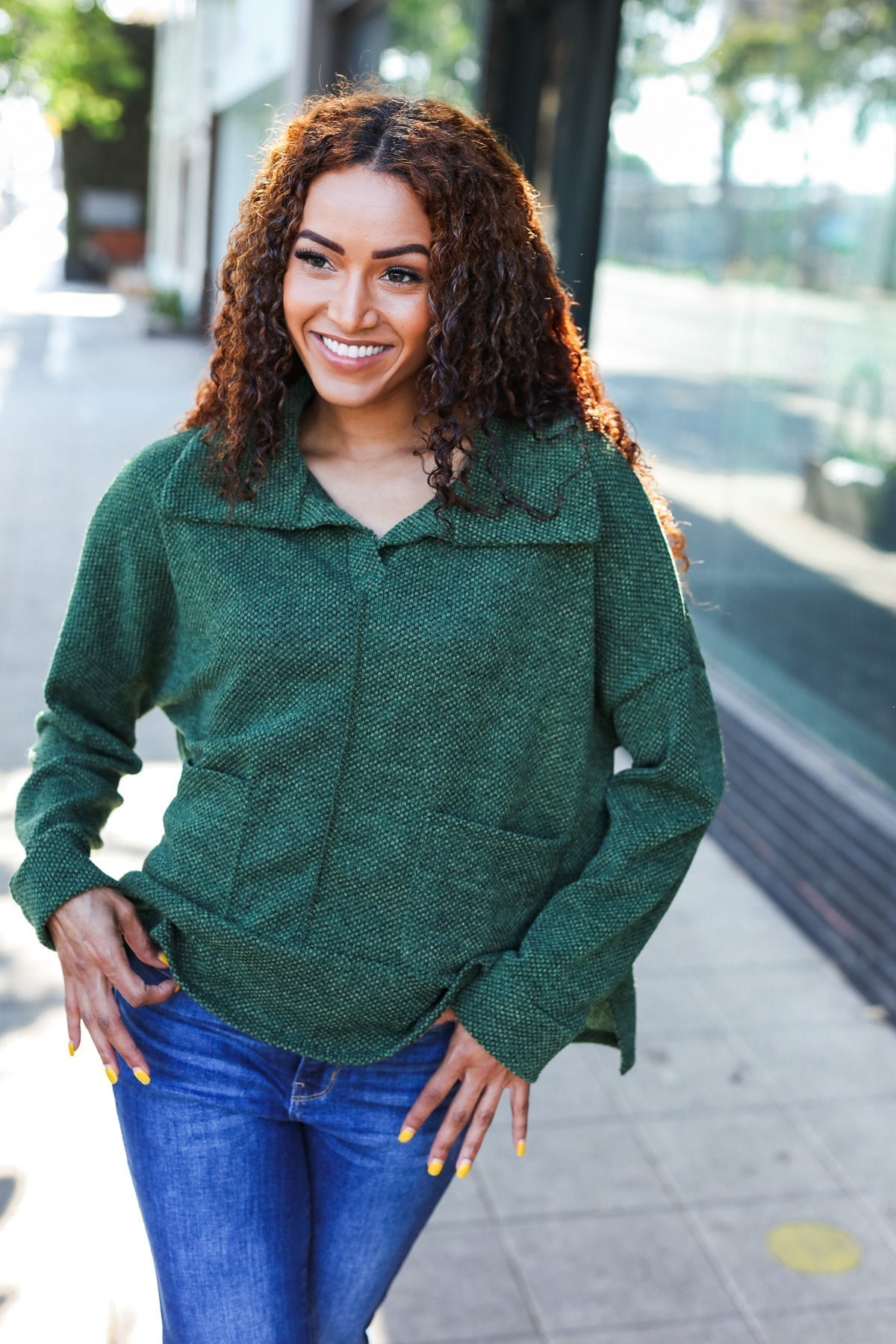 Kristina | Easy Living Olive green textured knit sweater with notched neckline and oversized collar