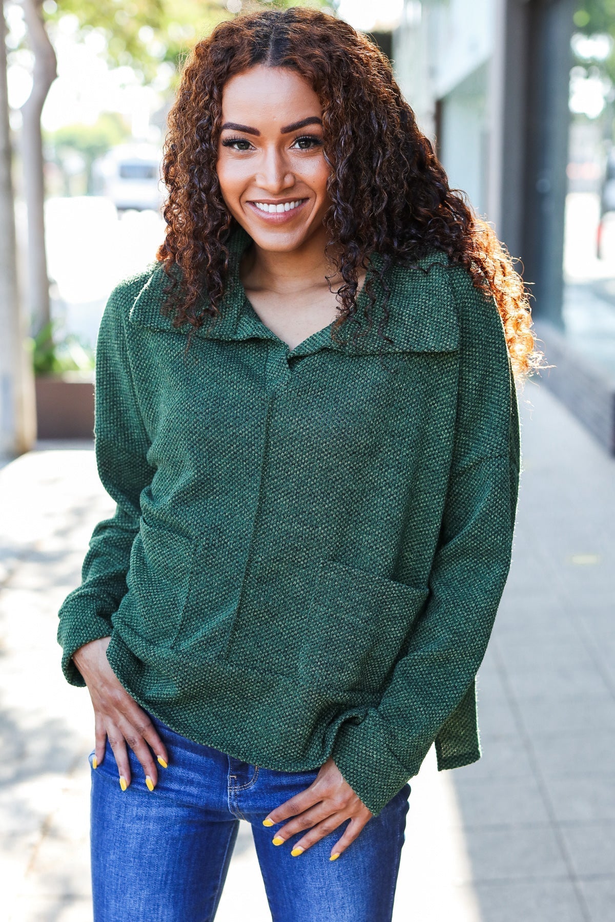 Kristina | Easy Living Olive green textured knit sweater with notched neckline and oversized collar