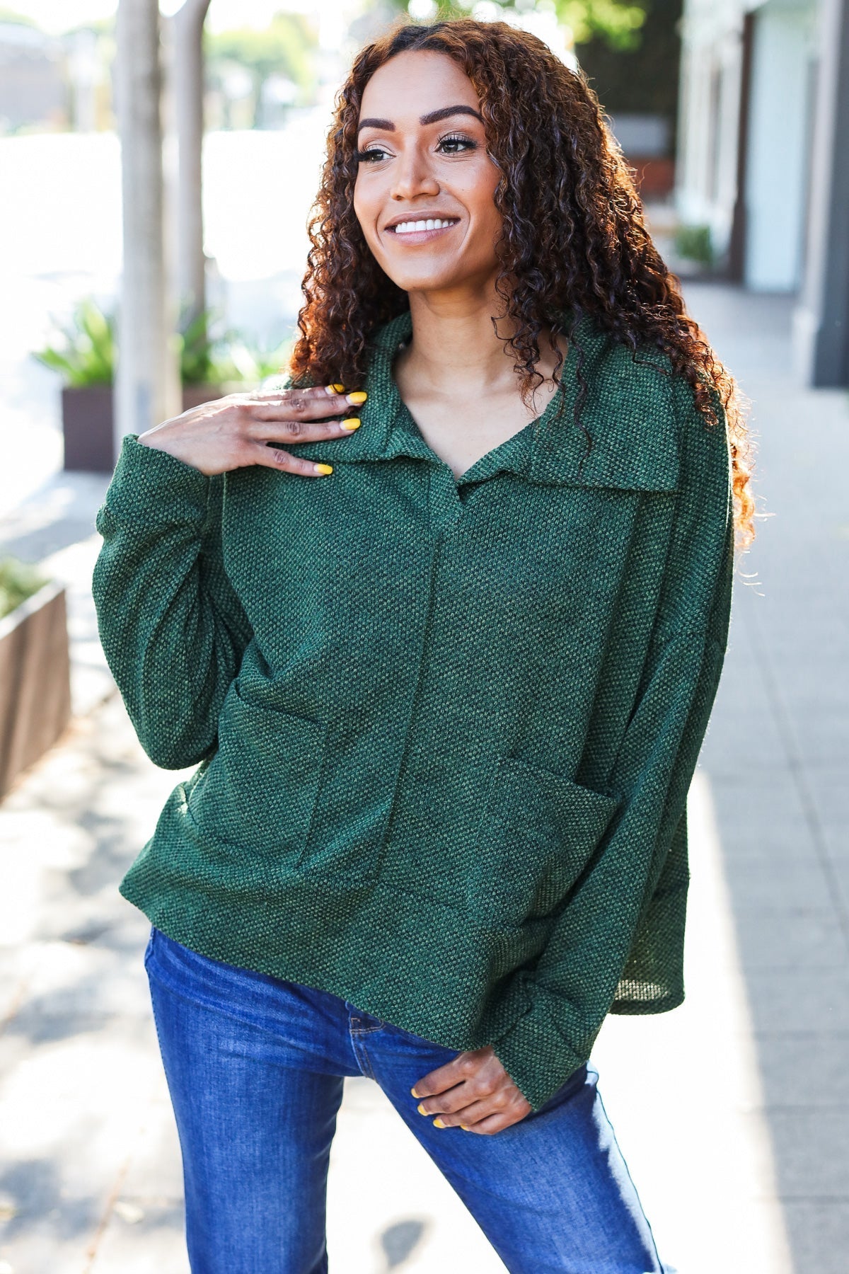 Kristina | Easy Living Olive green textured knit sweater with notched neckline and oversized collar