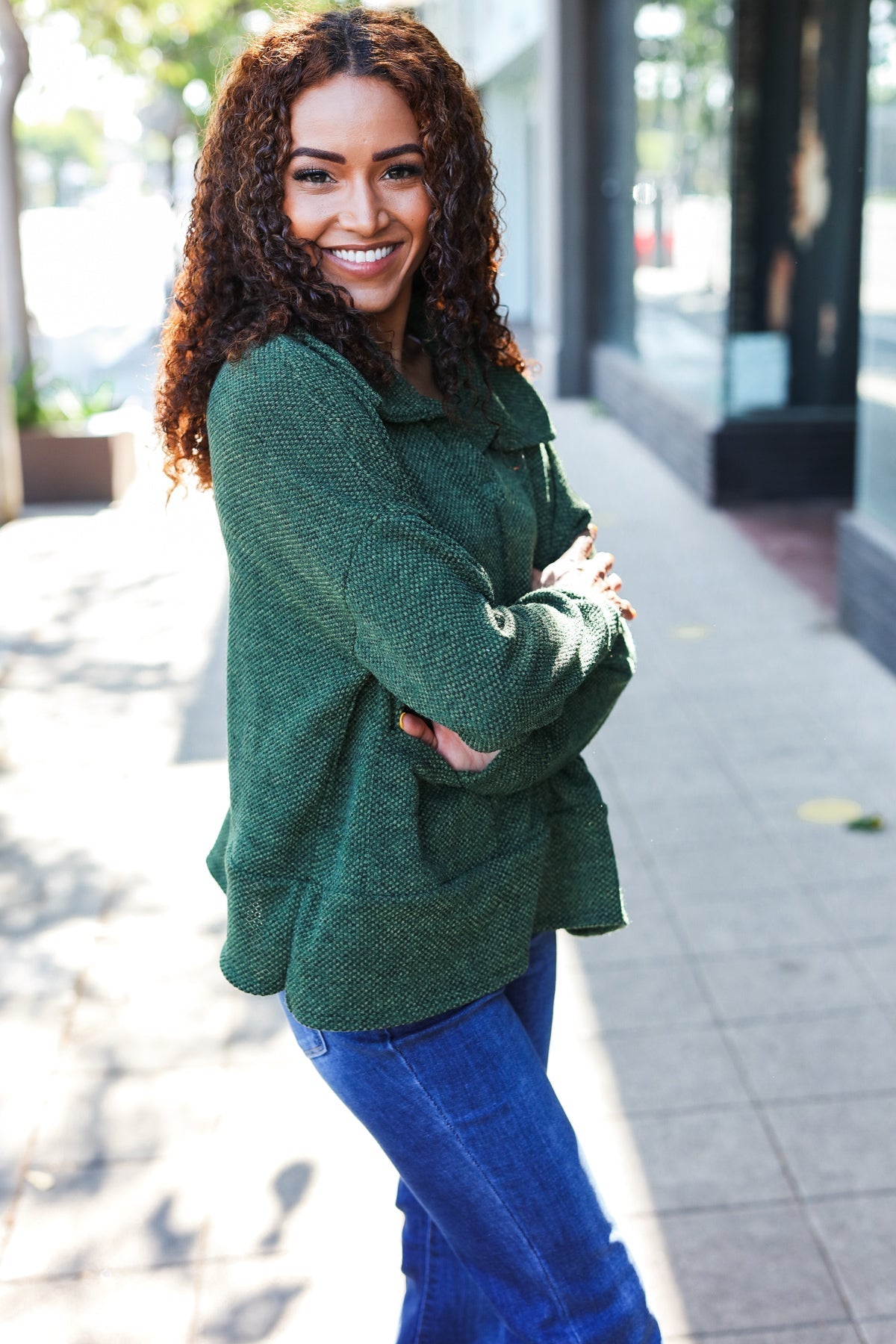 Kristina | Easy Living Olive green textured knit sweater with notched neckline and oversized collar