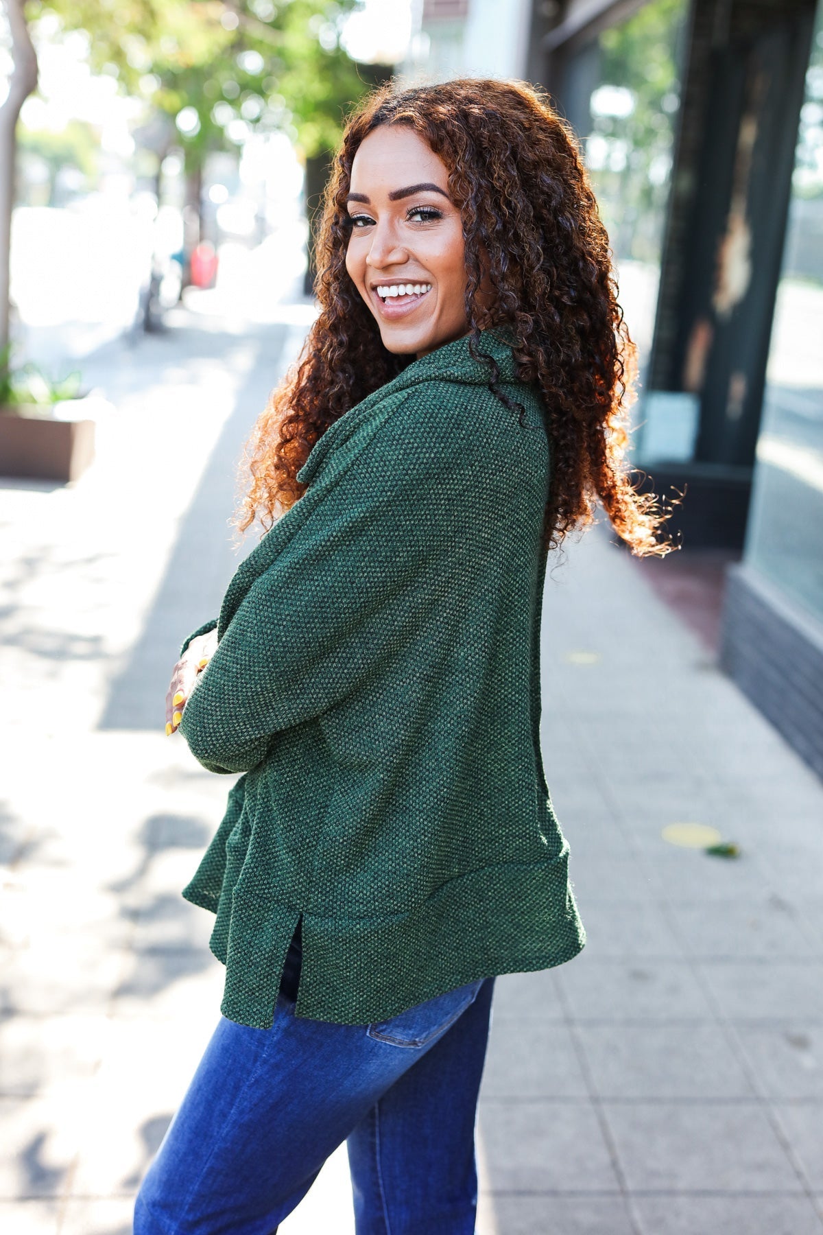 Kristina | Easy Living Olive green textured knit sweater with notched neckline and oversized collar
