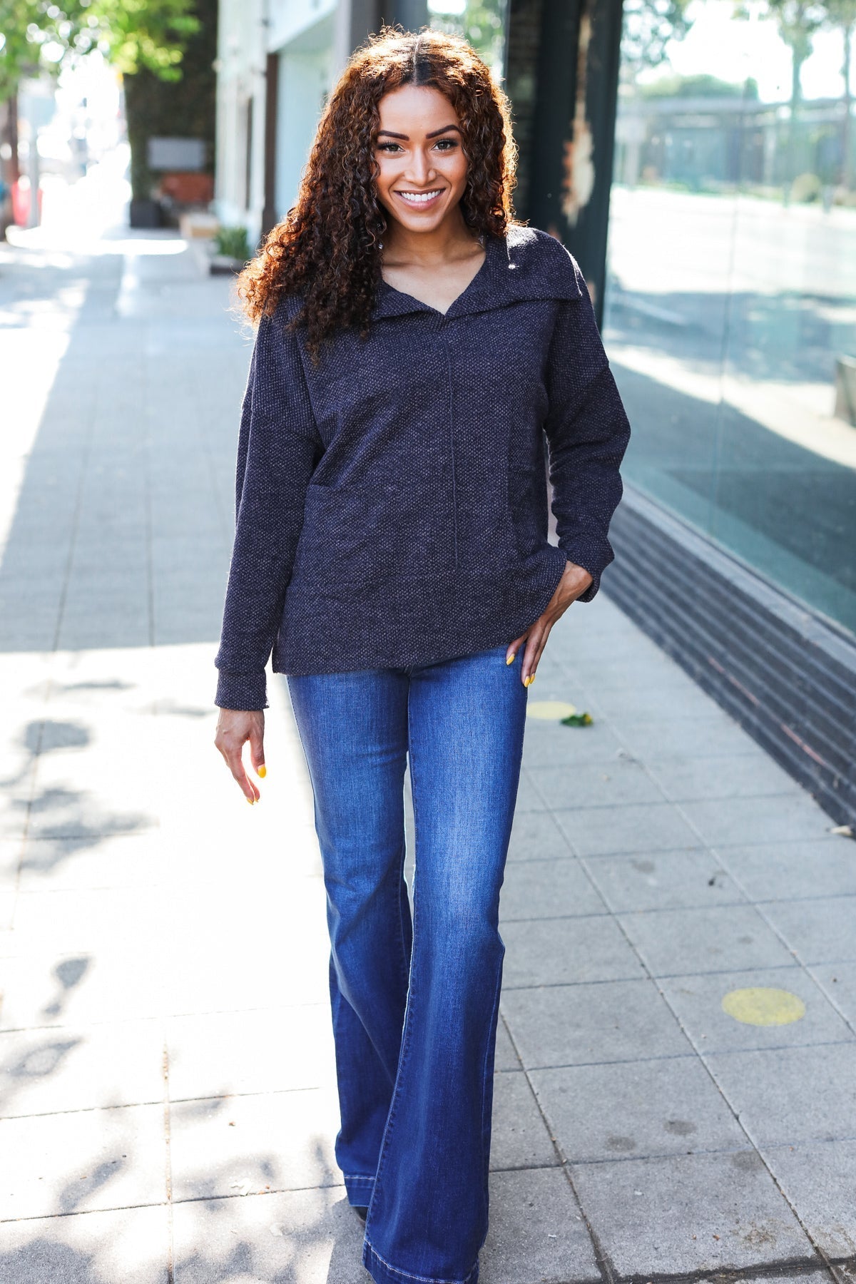 Martina | Easy Living Charcoal textured knit sweater with a notched neckline and oversized collar