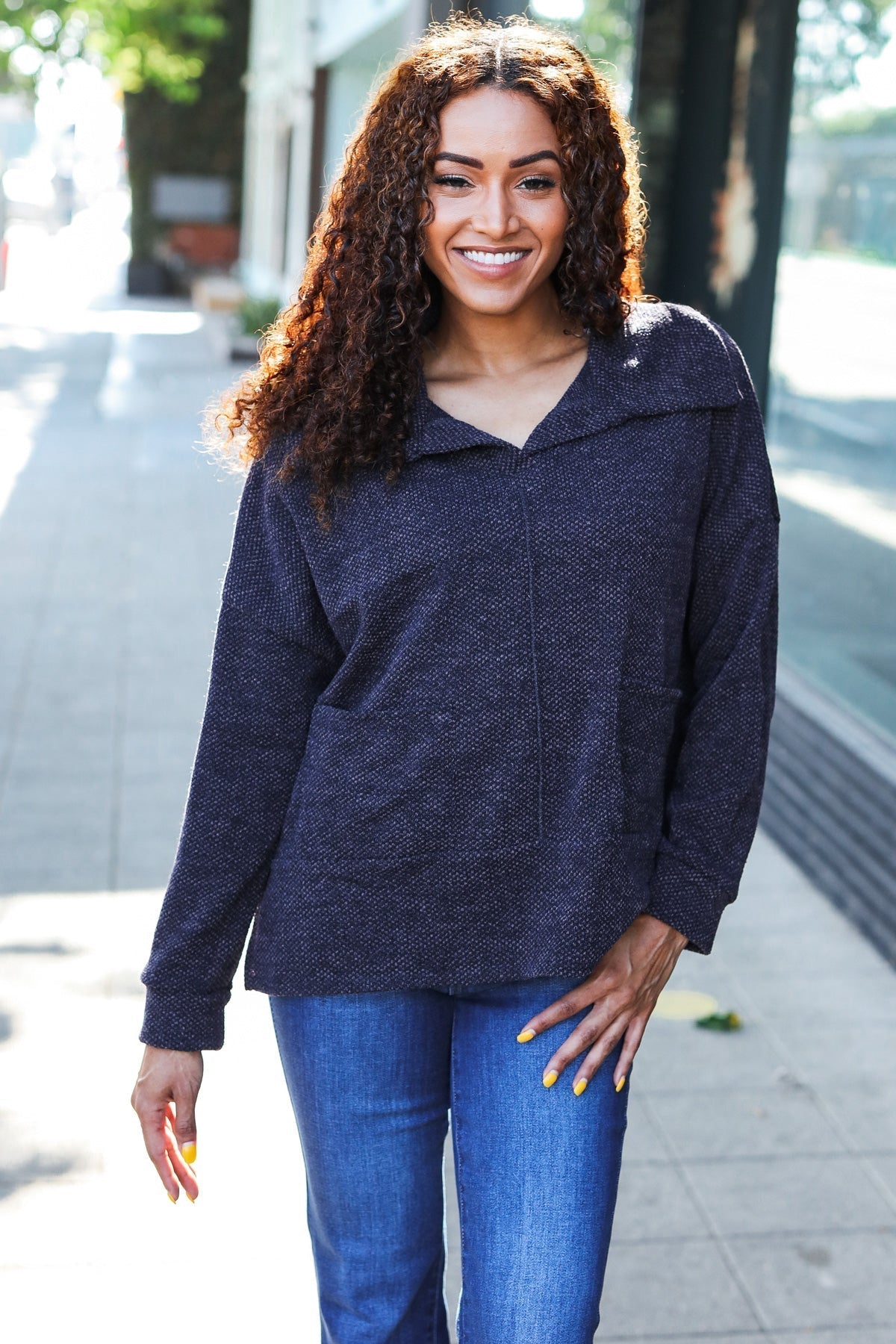 Martina | Easy Living Charcoal textured knit sweater with a notched neckline and oversized collar