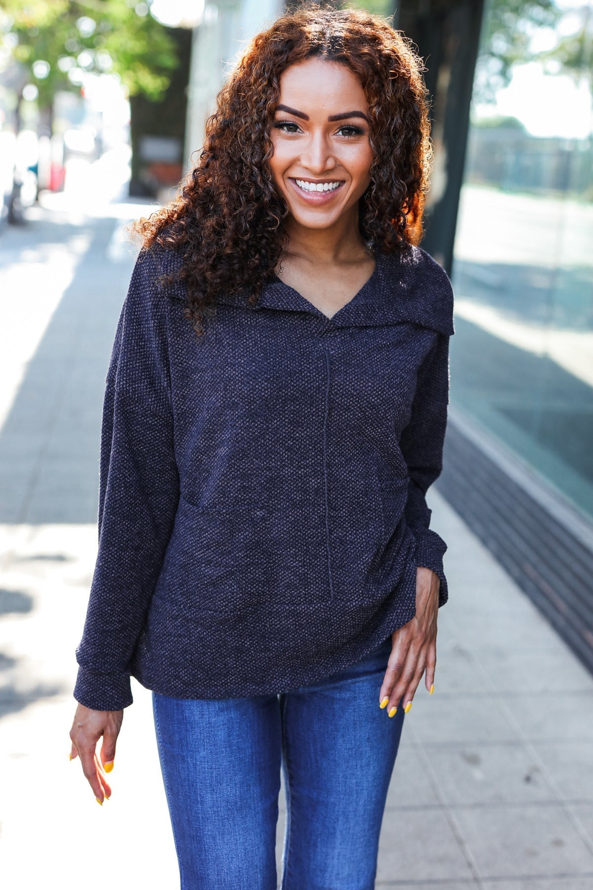 Martina | Easy Living Charcoal textured knit sweater with a notched neckline and oversized collar