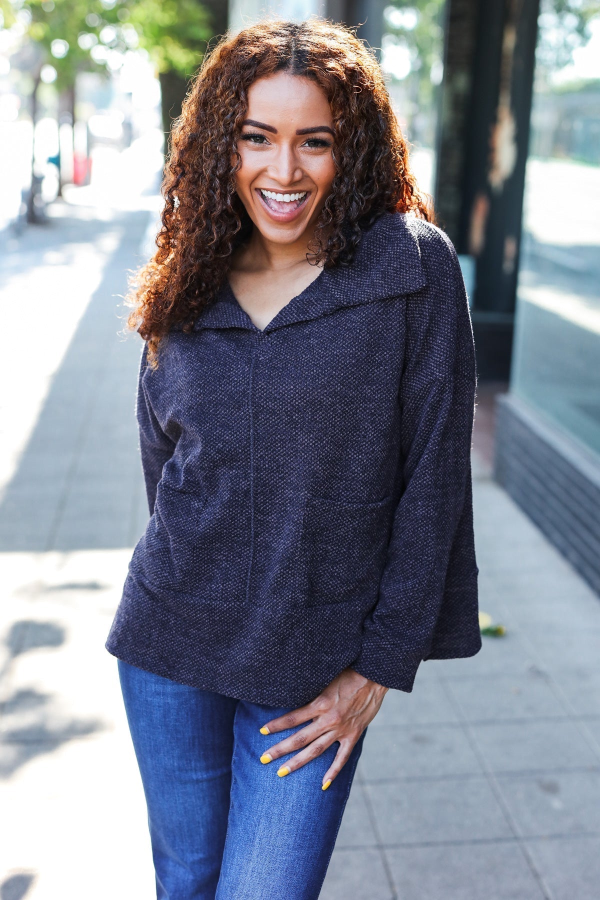 Martina | Easy Living Charcoal textured knit sweater with a notched neckline and oversized collar