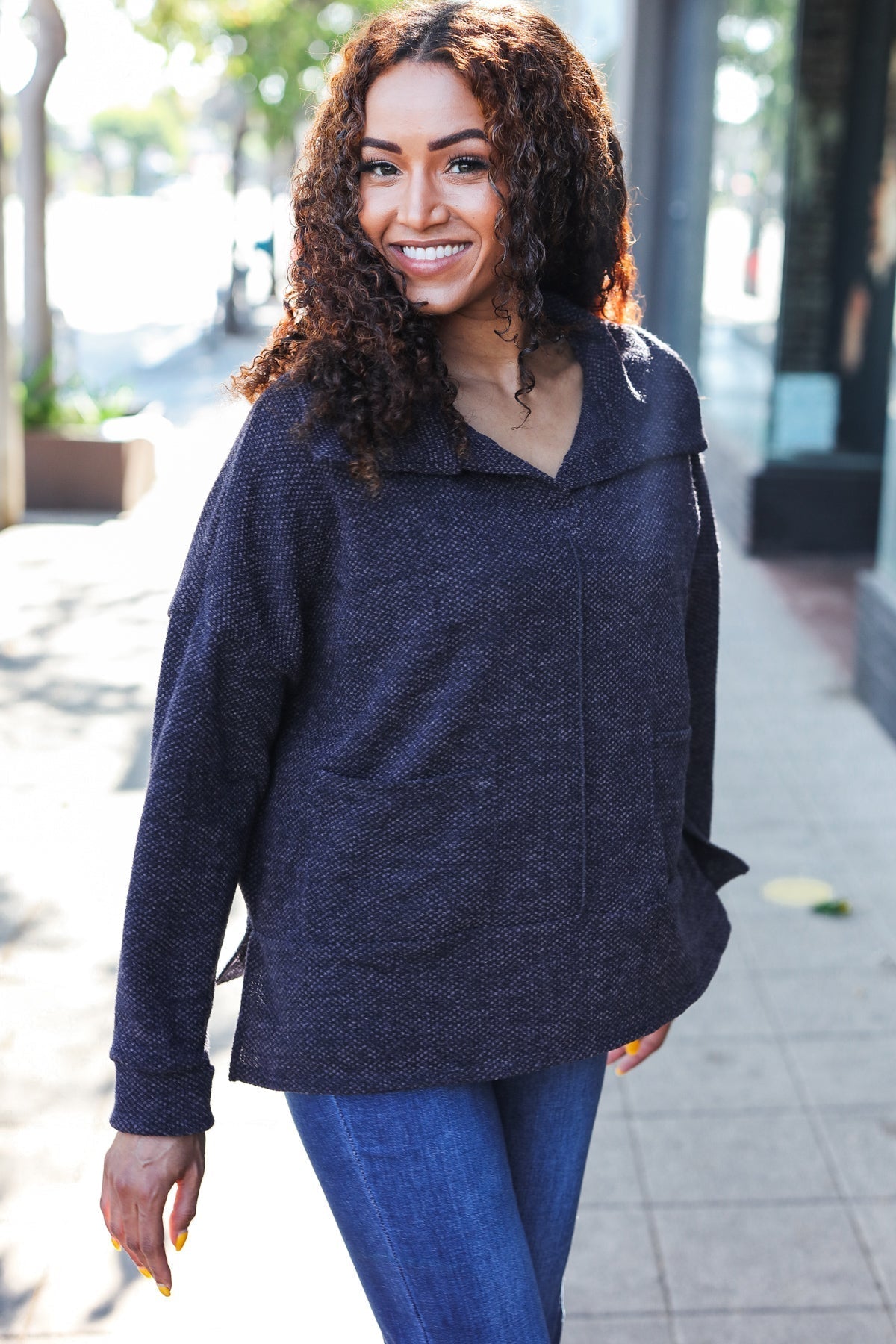 Martina | Easy Living Charcoal textured knit sweater with a notched neckline and oversized collar