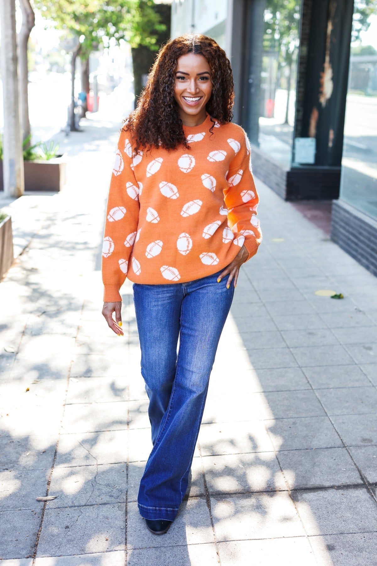 Stefania | Game Day Orange Football Print Jacquard Knit Jumper
