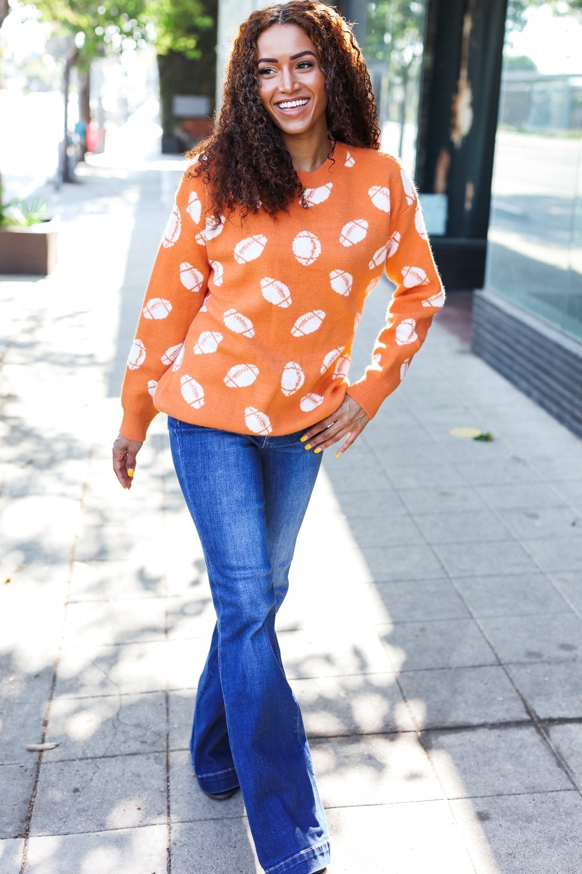 Stefania | Game Day Orange Football Print Jacquard Knit Jumper