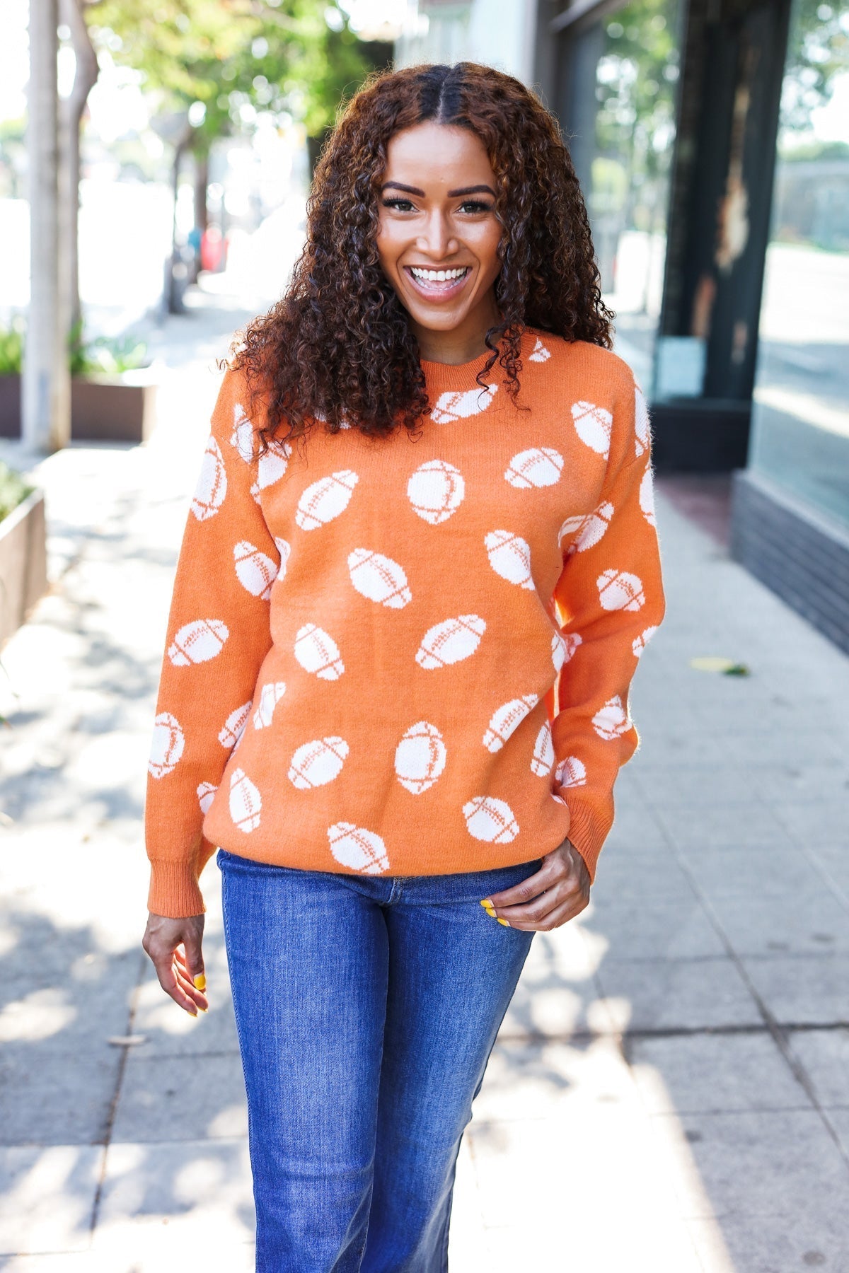 Stefania | Game Day Orange Football Print Jacquard Knit Jumper