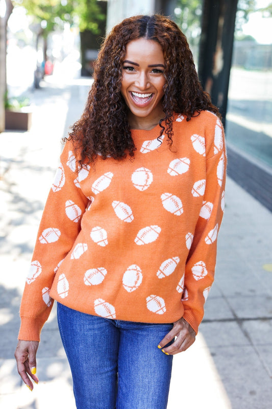 Stefania | Game Day Orange Football Print Jacquard Knit Jumper