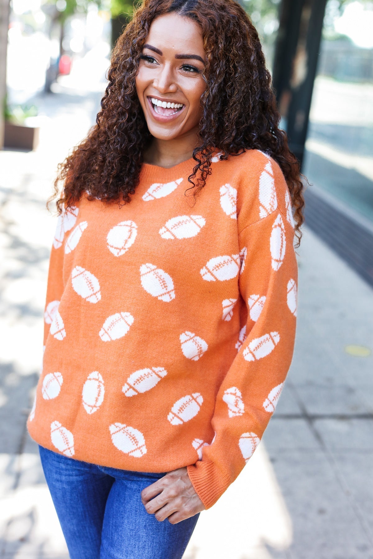 Stefania | Game Day Orange Football Print Jacquard Knit Jumper