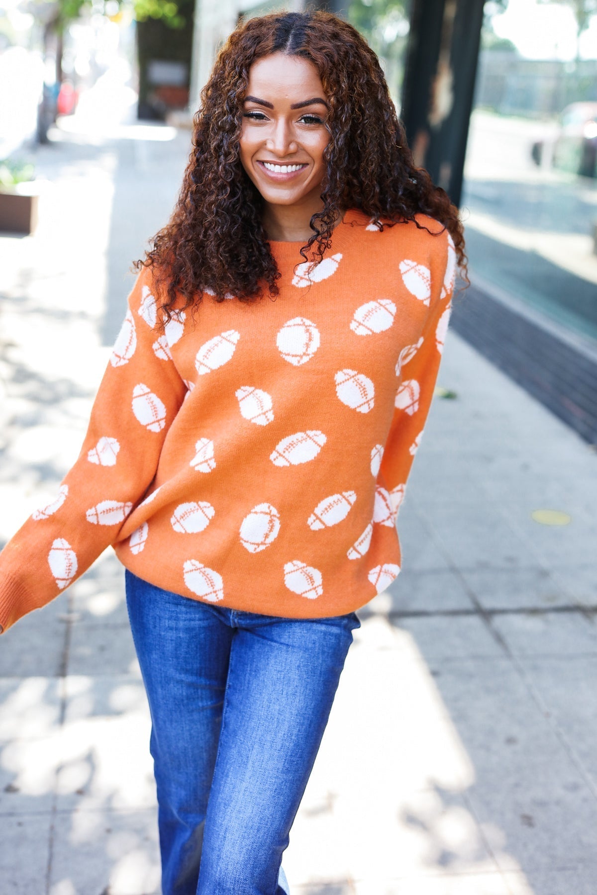 Stefania | Game Day Orange Football Print Jacquard Knit Jumper