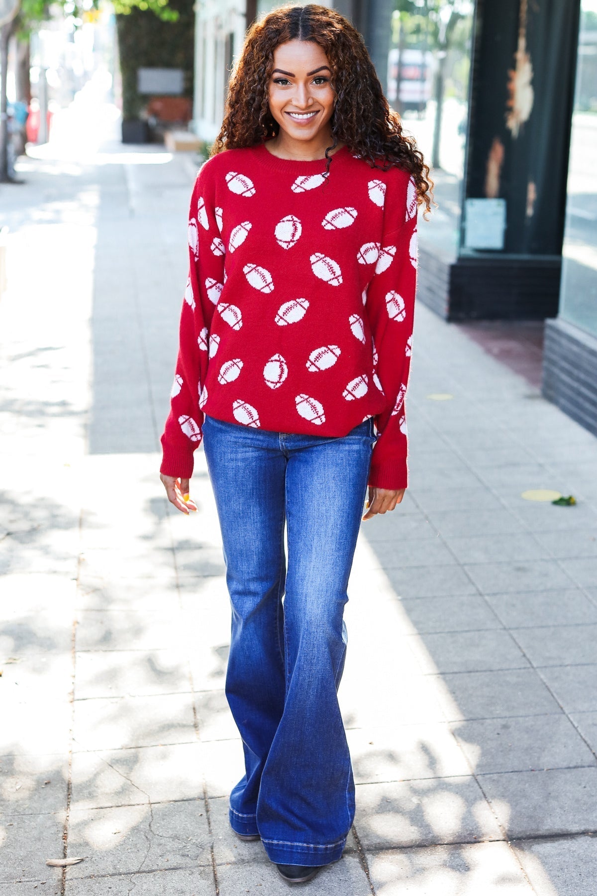Gisela | Red football print jacquard knit sweater for game day